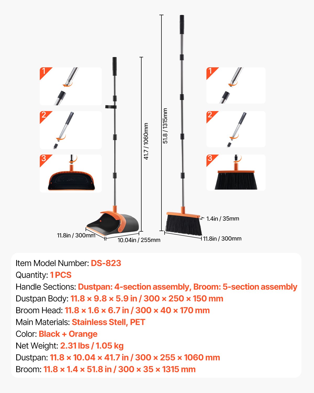 VEVOR Broom and Dustpan Set, Heavy Duty Dustpan and Broom Combo with Self-Cleaning Teeth, Metal Upright Standing Dust Pan with Long Handle, Ideal for Home, Restaurant, Office, Dorm, Black+Orange