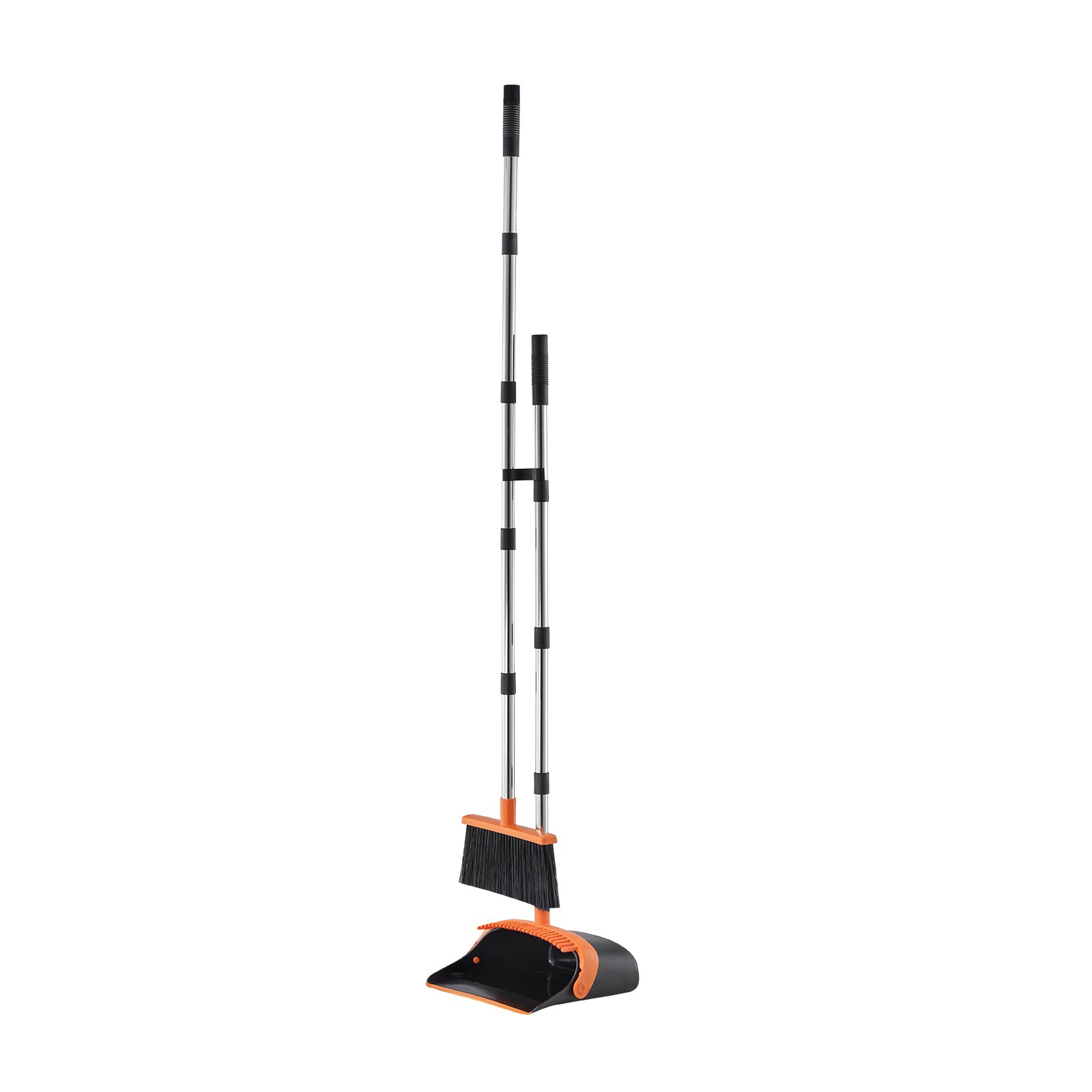 VEVOR Broom and Dustpan Set, Heavy Duty Dustpan and Broom Combo with Self-Cleaning Teeth, Metal Upright Standing Dust Pan with Long Handle, Ideal for Home, Restaurant, Office, Dorm, Black+Orange