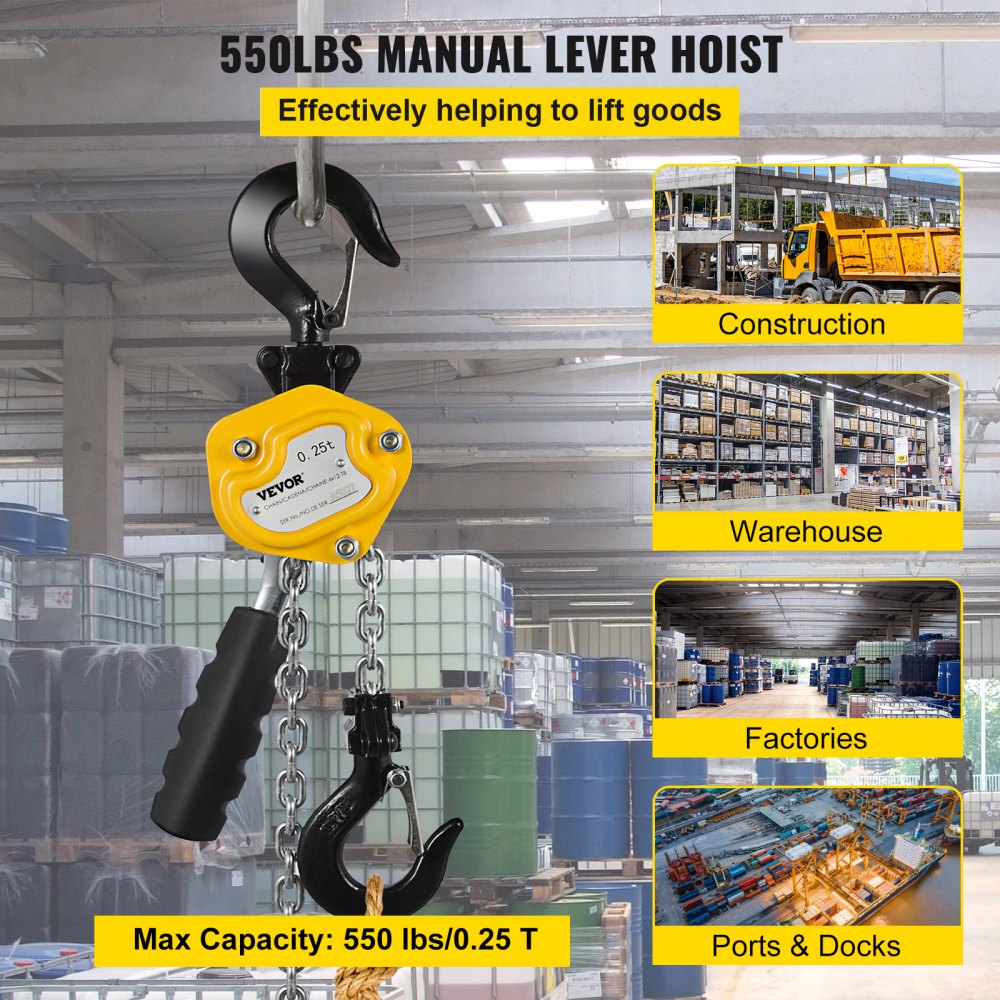 VEVOR 550LBS Manual Lever Chain Hoist, 1/4 Ton 5FT G80 Mini Come Along Ratchet Puller Hoist with Hook for Warehouse Building Automotive Machinery