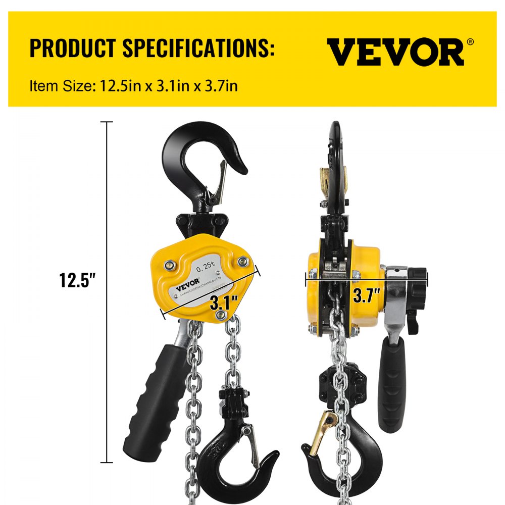 VEVOR 550LBS Manual Lever Chain Hoist, 1/4 Ton 5FT G80 Mini Come Along Ratchet Puller Hoist with Hook for Warehouse Building Automotive Machinery