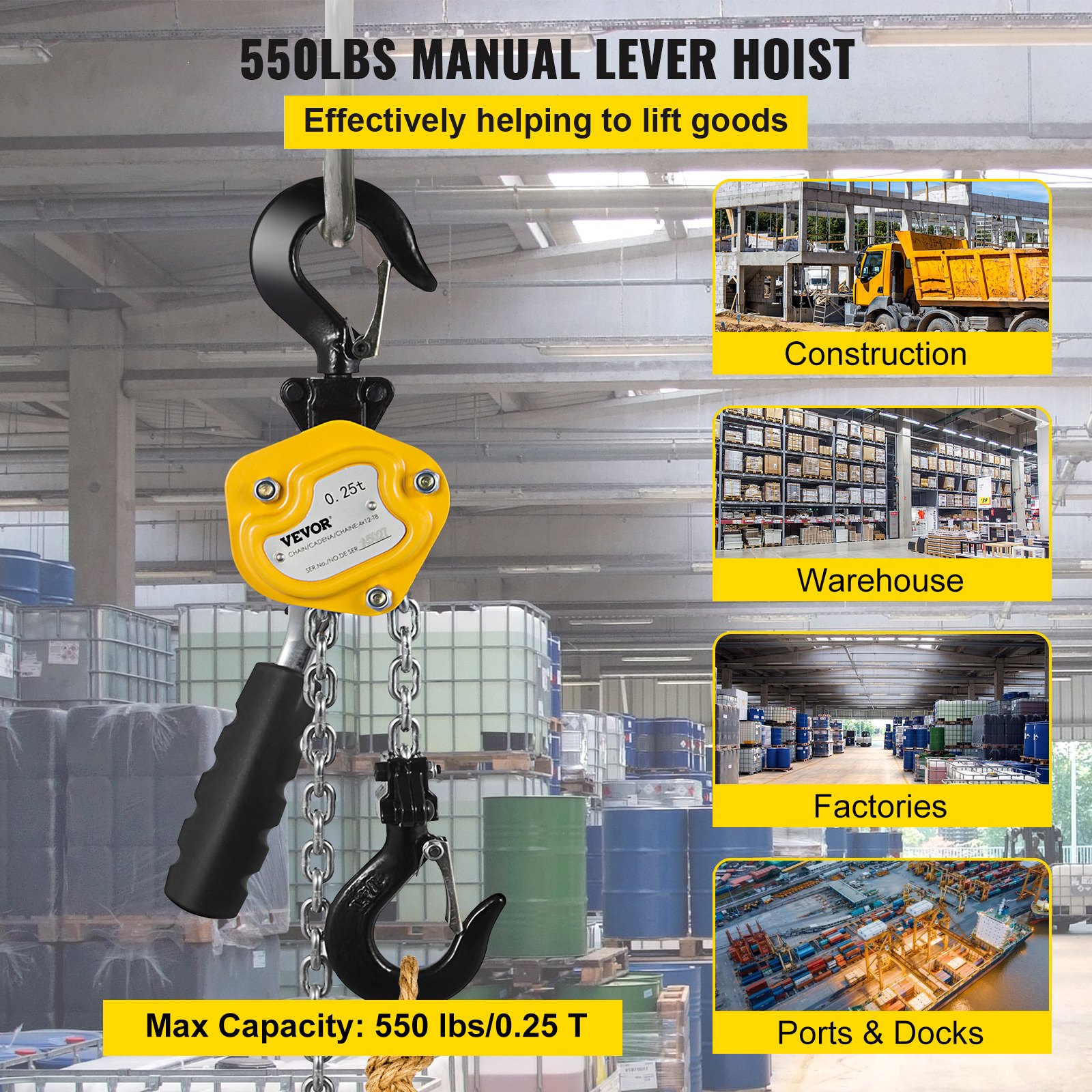VEVOR 550LBS Manual Lever Chain Hoist, 1/4 Ton 5FT G80 Mini Come Along Ratchet Puller Hoist with Hook for Warehouse Building Automotive Machinery
