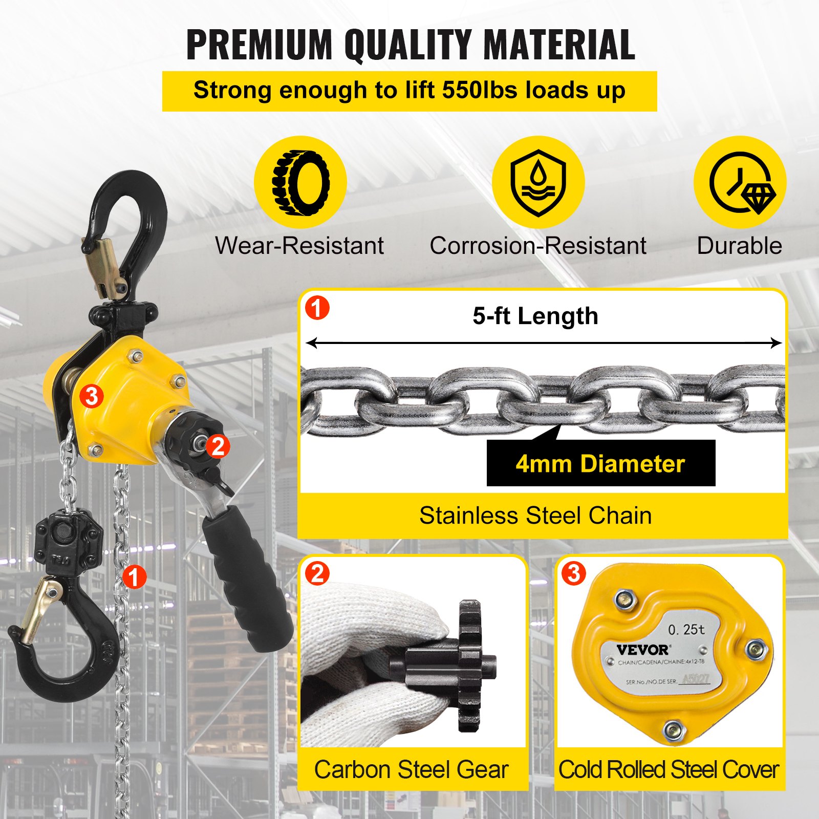 VEVOR 550LBS Manual Lever Chain Hoist, 1/4 Ton 5FT G80 Mini Come Along Ratchet Puller Hoist with Hook for Warehouse Building Automotive Machinery