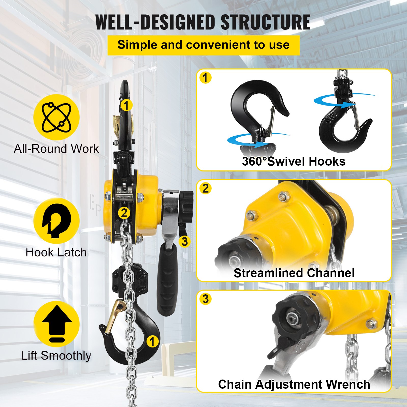 VEVOR 550LBS Manual Lever Chain Hoist, 1/4 Ton 10FT G80 Mini Come Along Ratchet Puller Hoist with Hook for Warehouse Building Automotive Machinery