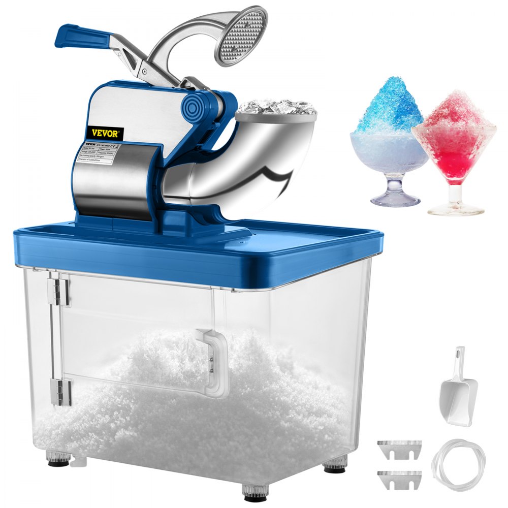 VEVOR ice crusher with shaved ice, scoop, and replacement blades.