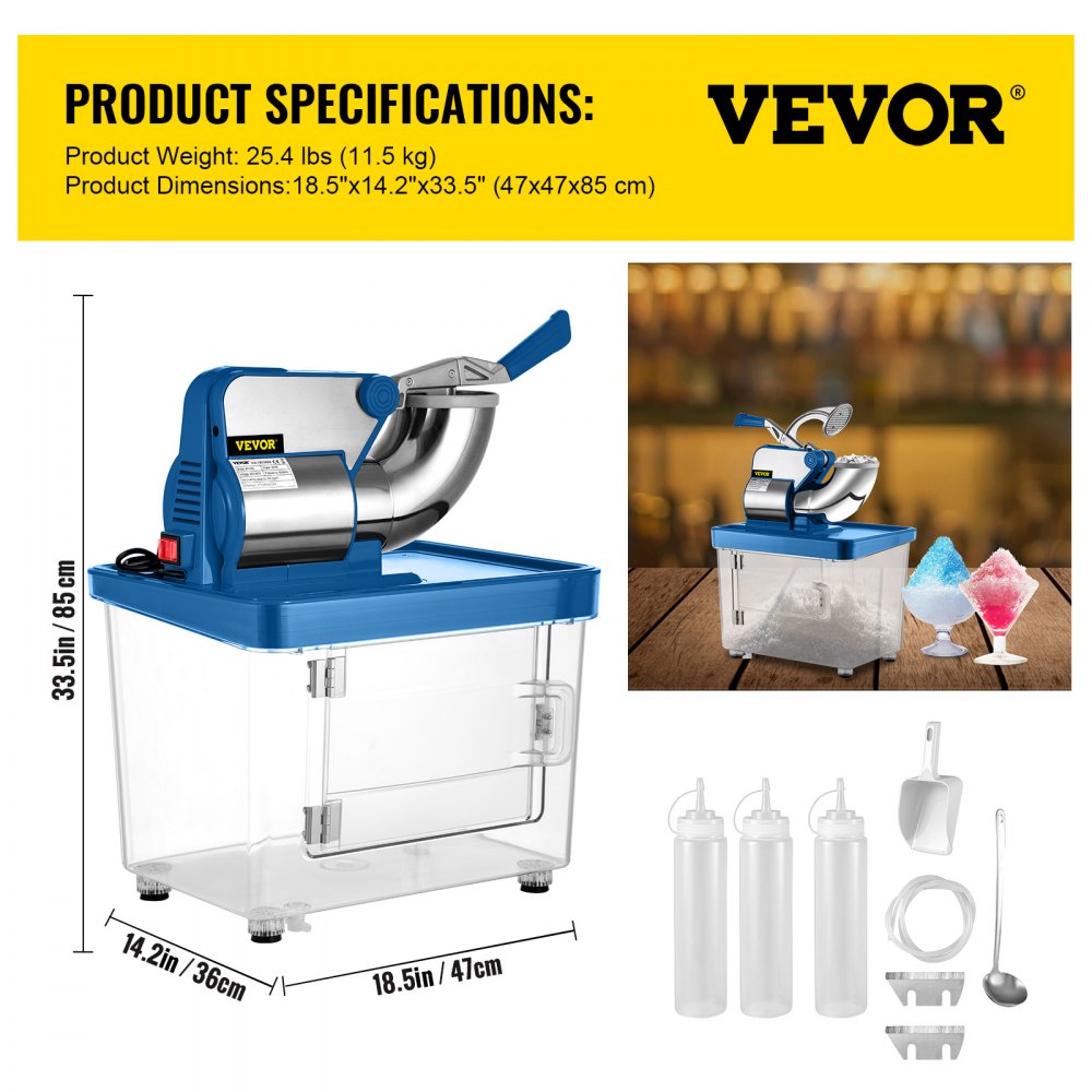 VEVOR Snow Cone Machine Snowball Machine 180kg/h 300W Electric Ice Shaver Blue