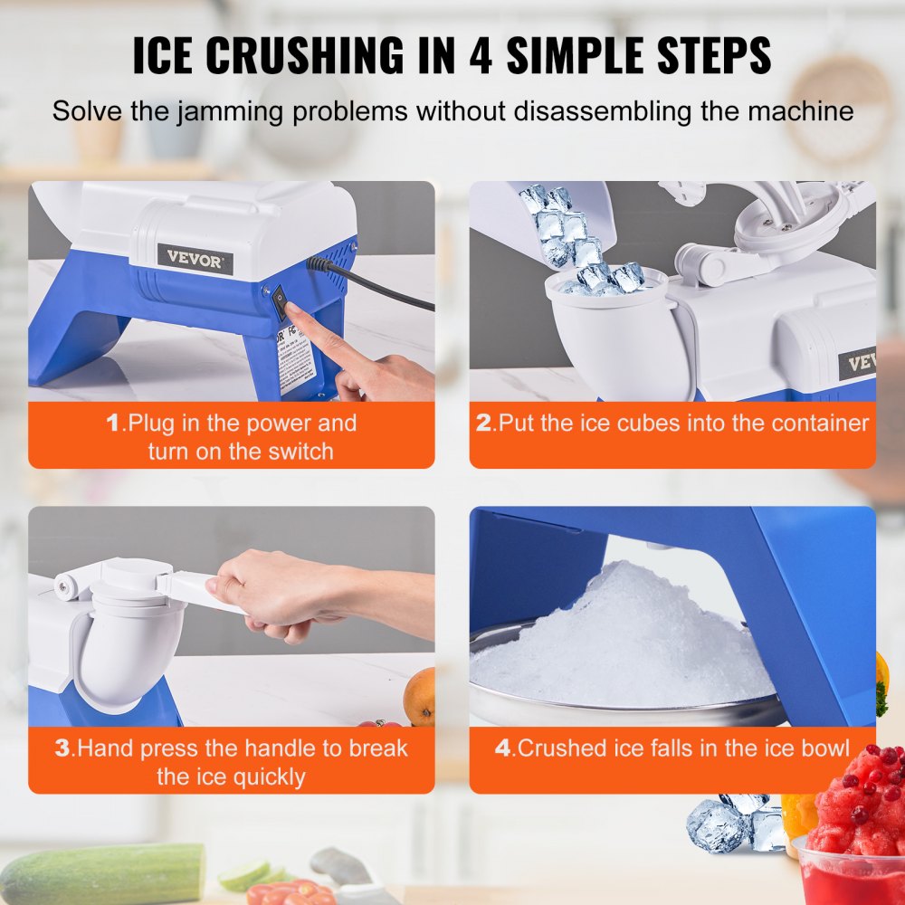 VEVOR Ice Crushers Machine, 176lbs Per Hour Electric Snow Cone Maker with 2 Blades, Shaved Ice Machine with Cover and Bowl, 180W Ice Shaver Machine for Margaritas, Home and Commercial Use, White