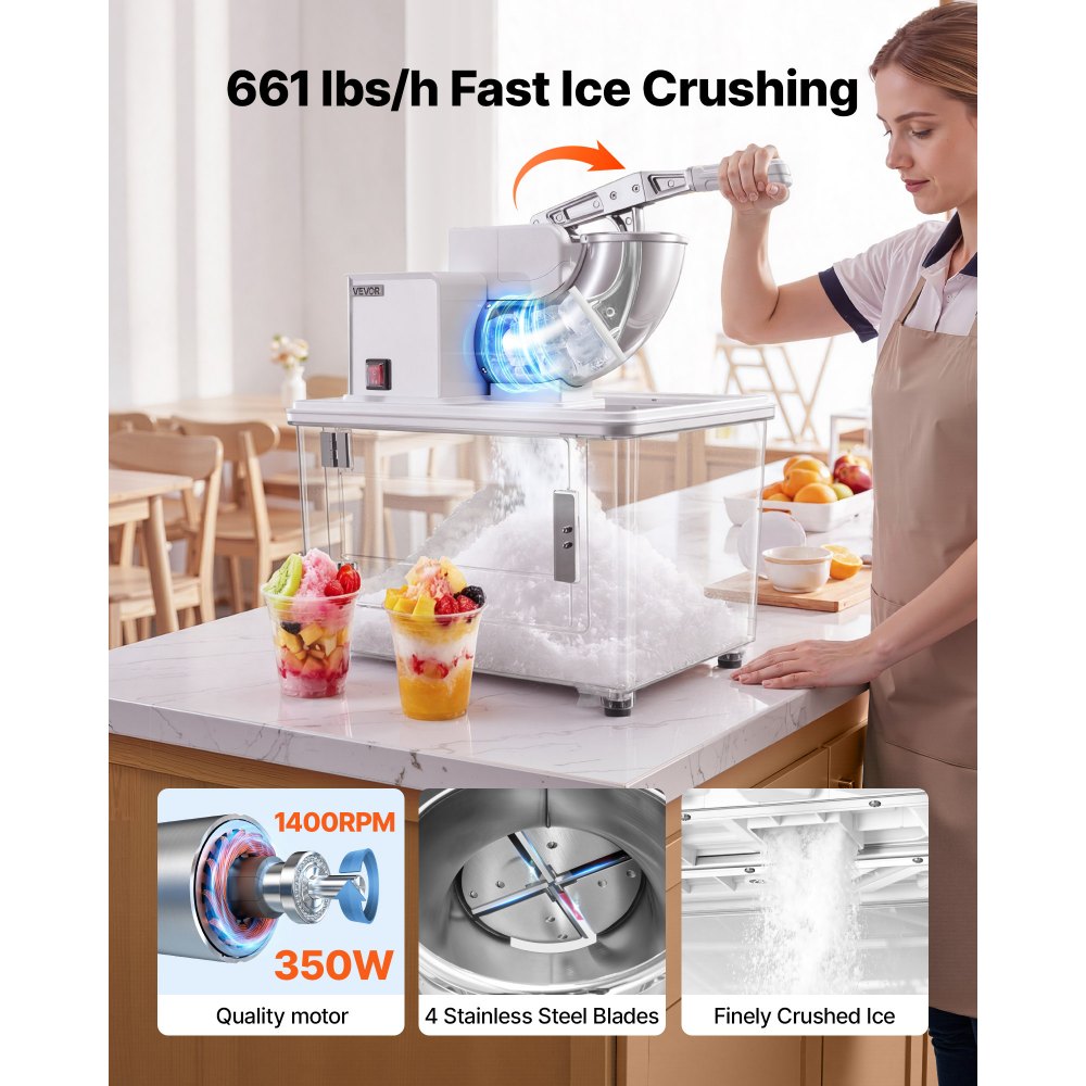 VEVOR Commercial Ice Crusher 661LBS/H, 350W Electric Snow Cone Machine with 4 Blades, 1400RPM Stainless Steel Shaved Ice Machine with 11 Gal Crushed-Ice Box, for Family Restaurants Bars, White