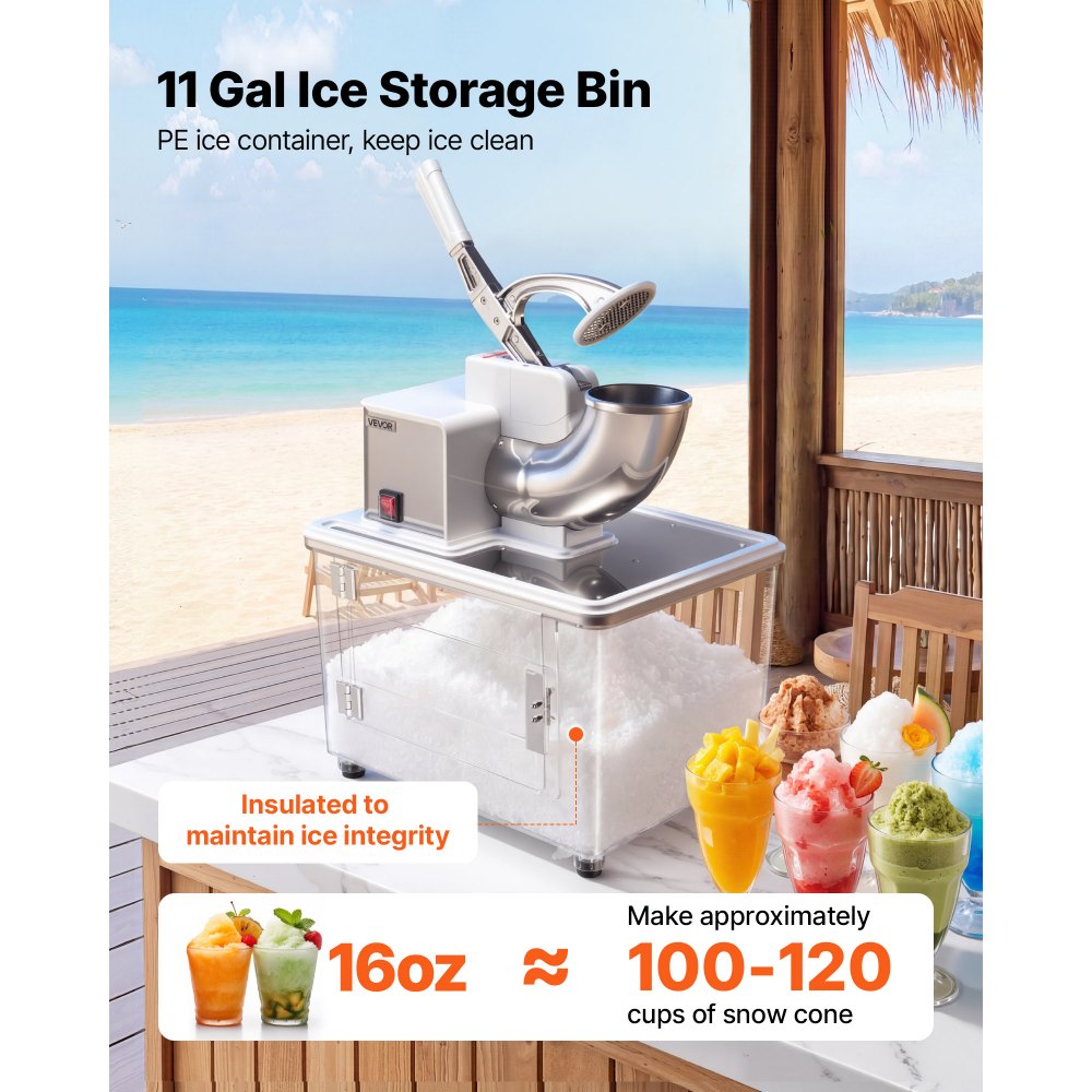 VEVOR Commercial Ice Crusher 661LBS/H, 350W Electric Snow Cone Machine with 4 Blades, 1400RPM Stainless Steel Shaved Ice Machine with 11 Gal Crushed-Ice Box, for Family Restaurants Bars, White