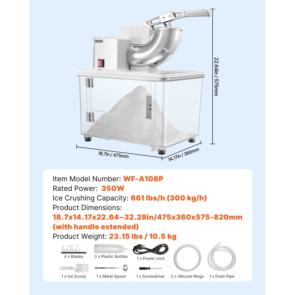 VEVOR Commercial Ice Crusher 661LBS/H, 350W Electric Snow Cone Machine with 4 Blades, 1400RPM Stainless Steel Shaved Ice Machine with 11 Gal Crushed-Ice Box, for Family Restaurants Bars, White