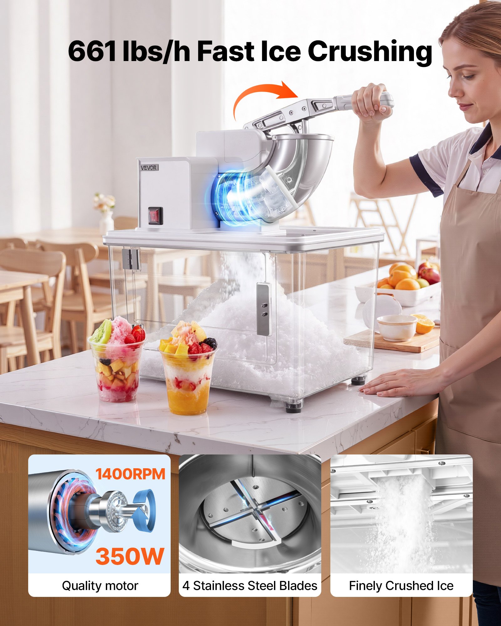 VEVOR Commercial Ice Crusher 661LBS/H, 350W Electric Snow Cone Machine with 4 Blades, 1400RPM Stainless Steel Shaved Ice Machine with 11 Gal Crushed-Ice Box, for Family Restaurants Bars, White