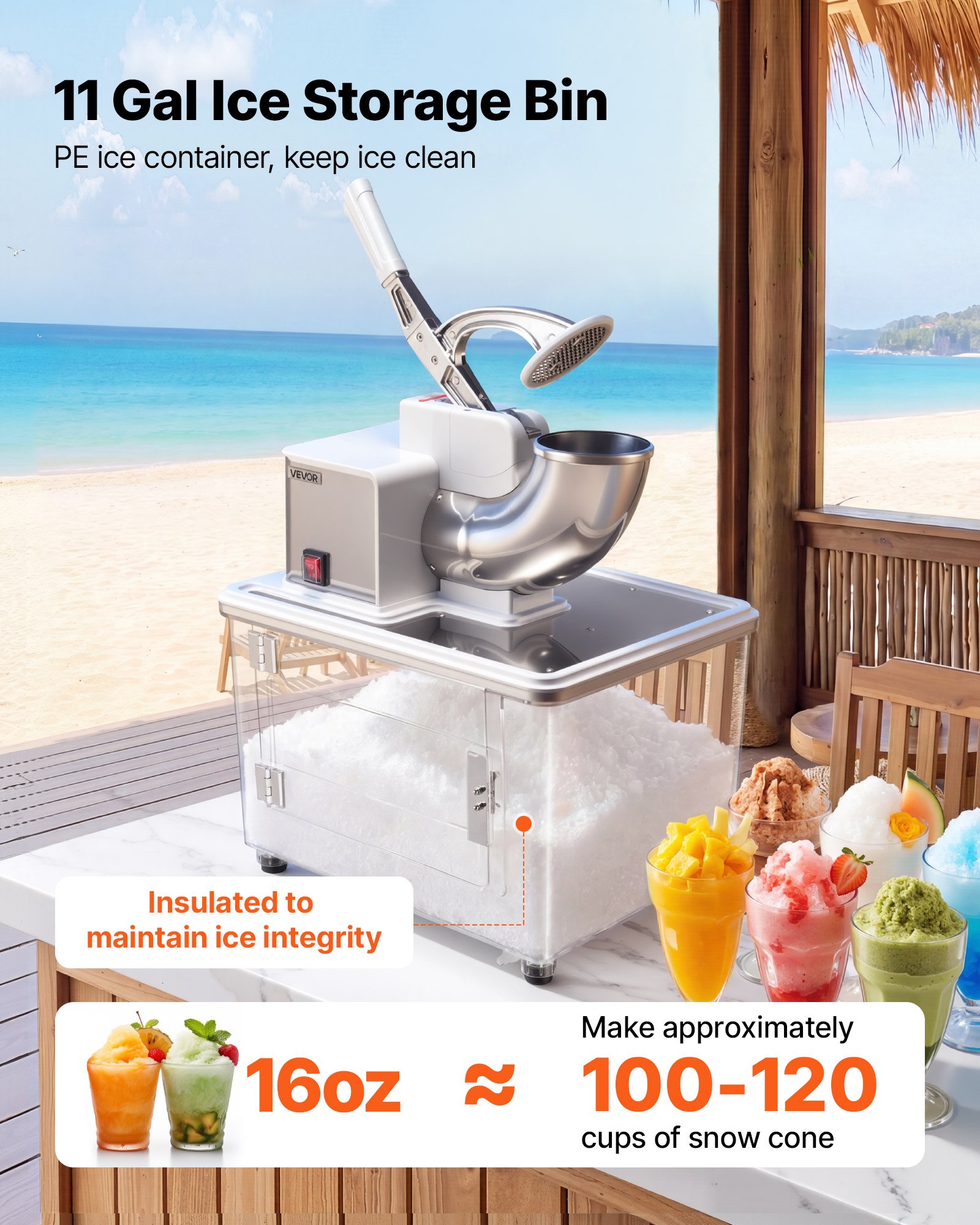 VEVOR Commercial Ice Crusher 661LBS/H, 350W Electric Snow Cone Machine with 4 Blades, 1400RPM Stainless Steel Shaved Ice Machine with 11 Gal Crushed-Ice Box, for Family Restaurants Bars, White