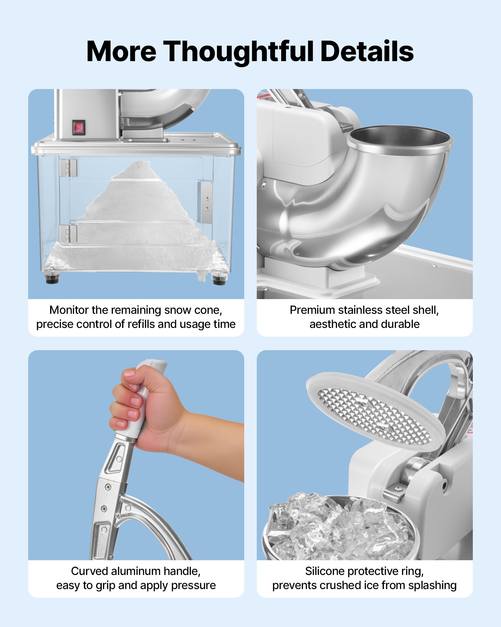 VEVOR Commercial Ice Crusher 661LBS/H, 350W Electric Snow Cone Machine with 4 Blades, 1400RPM Stainless Steel Shaved Ice Machine with 11 Gal Crushed-Ice Box, for Family Restaurants Bars, White