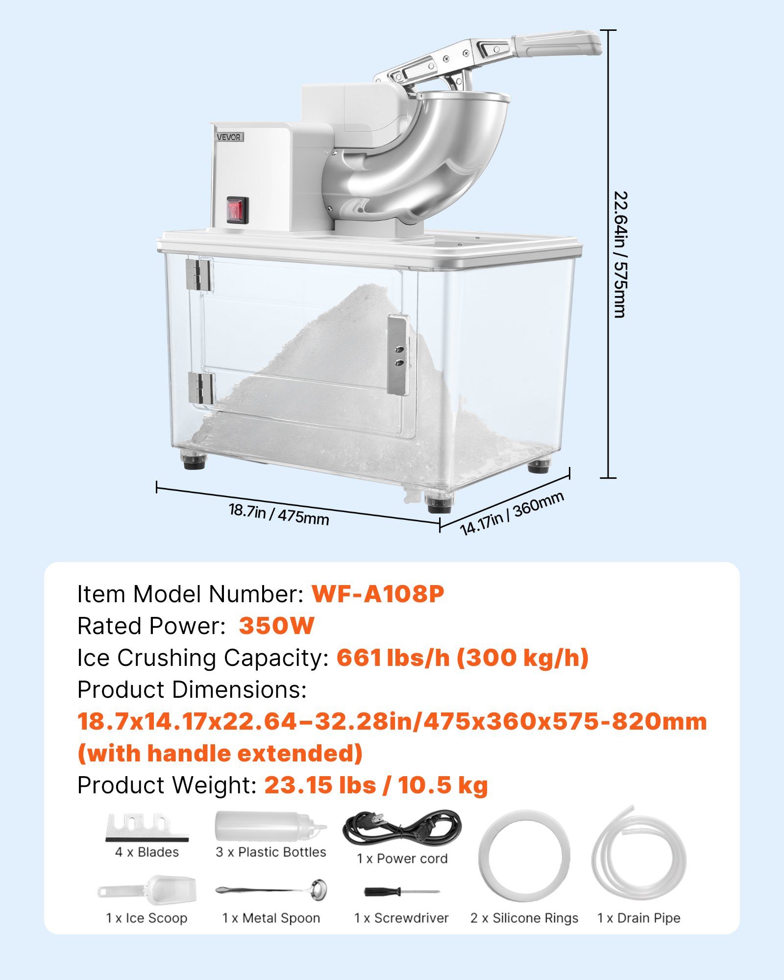 VEVOR Commercial Ice Crusher 661LBS/H, 350W Electric Snow Cone Machine with 4 Blades, 1400RPM Stainless Steel Shaved Ice Machine with 11 Gal Crushed-Ice Box, for Family Restaurants Bars, White