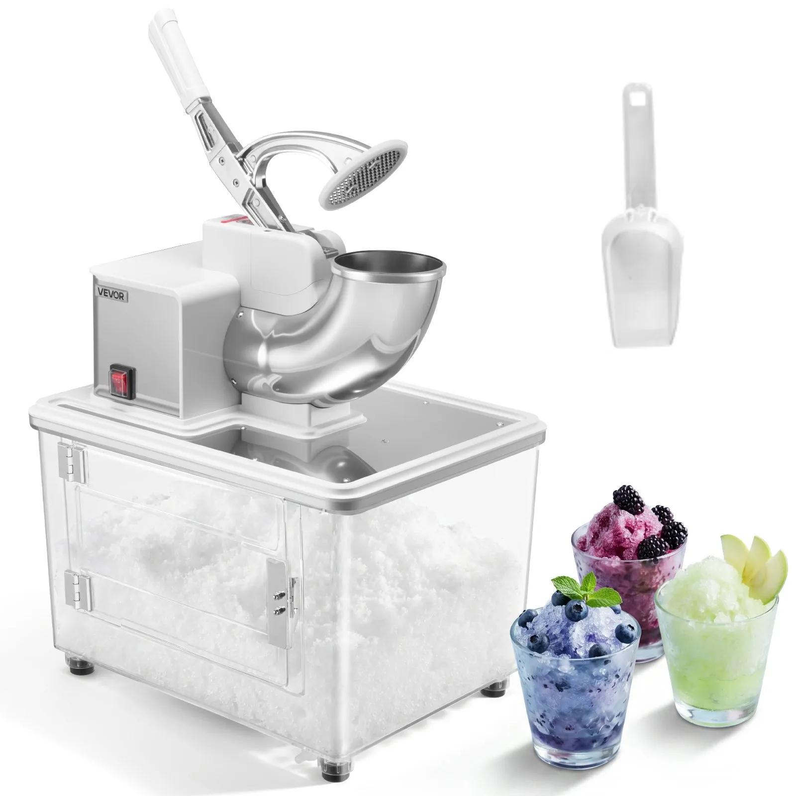 VEVOR Commercial Ice Crusher 661LBS/H, 350W Electric Snow Cone Machine with 4 Blades, 1400RPM Stainless Steel Shaved Ice Machine with 11 Gal Crushed-Ice Box, for Family Restaurants Bars, White