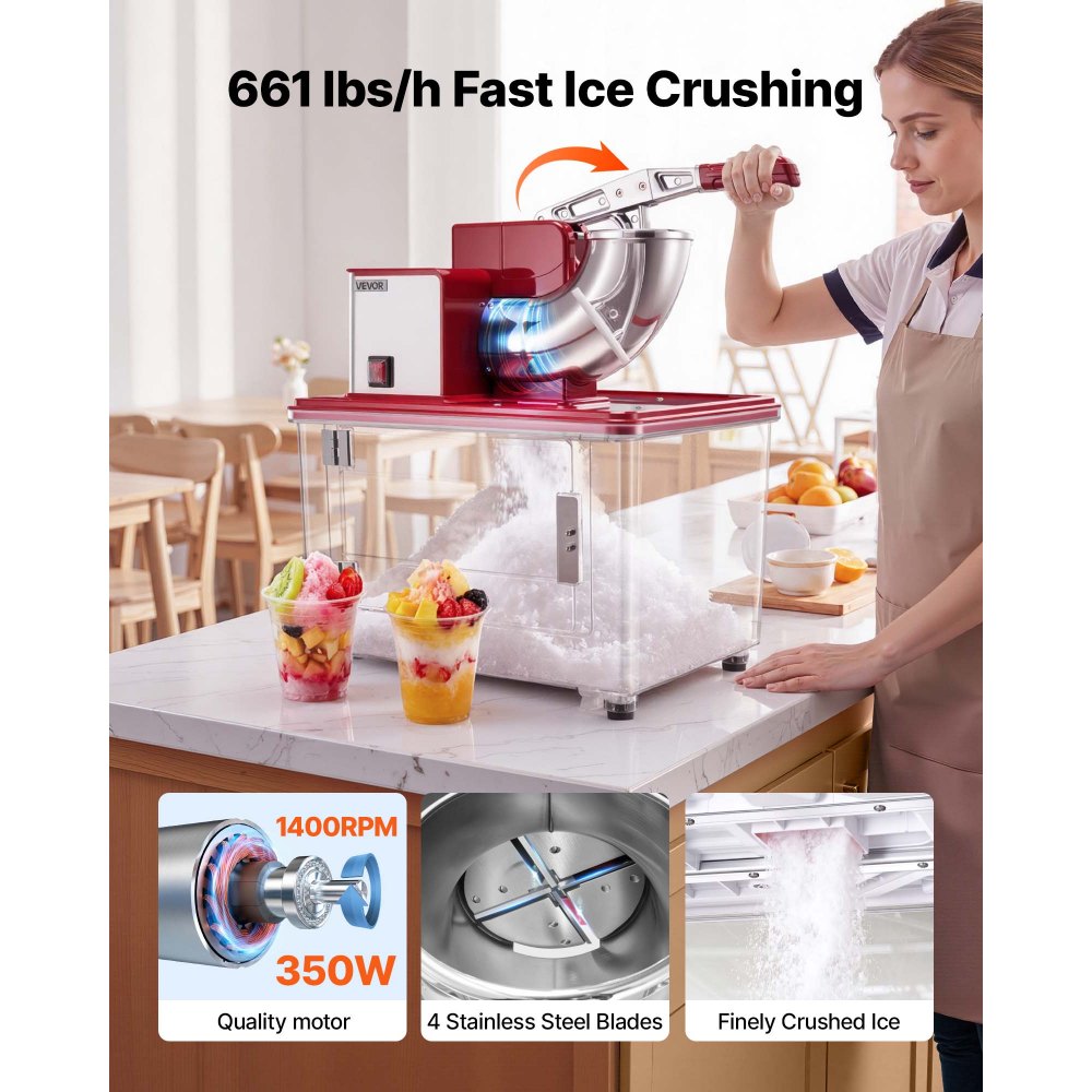 VEVOR Commercial Ice Crusher 661LBS/H, 350W Electric Snow Cone Machine with 4 Blades, 2000RPM Stainless Steel Shaved Ice Machine with 11 Gal Crushed-Ice Box, for Family Restaurants Bars, Red