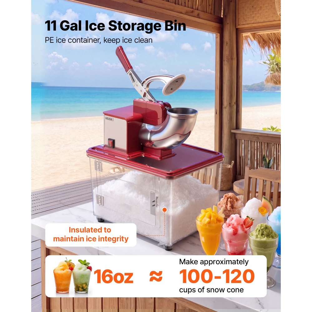 VEVOR Commercial Ice Crusher 661LBS/H, 350W Electric Snow Cone Machine with 4 Blades, 2000RPM Stainless Steel Shaved Ice Machine with 11 Gal Crushed-Ice Box, for Family Restaurants Bars, Red