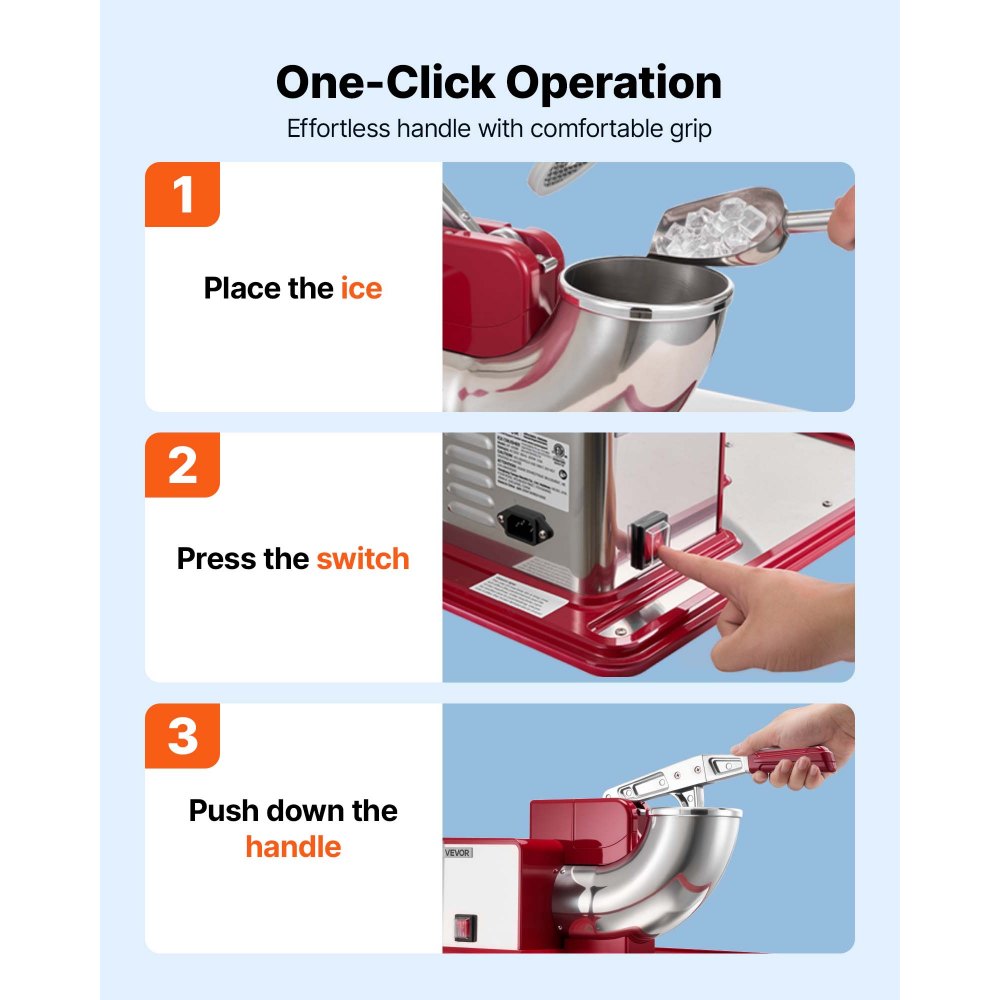 VEVOR Commercial Ice Crusher 661LBS/H, 350W Electric Snow Cone Machine with 4 Blades, 2000RPM Stainless Steel Shaved Ice Machine with 11 Gal Crushed-Ice Box, for Family Restaurants Bars, Red