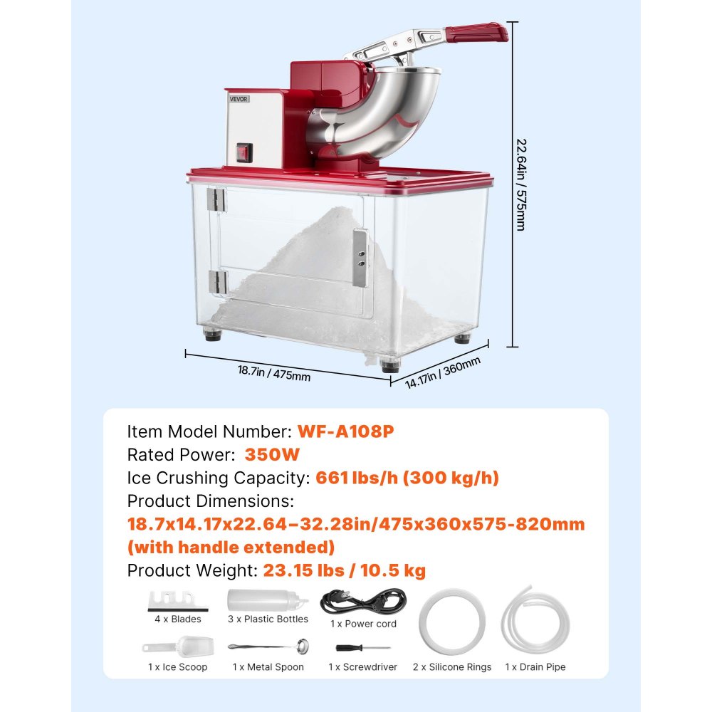 VEVOR Commercial Ice Crusher 661LBS/H, 350W Electric Snow Cone Machine with 4 Blades, 2000RPM Stainless Steel Shaved Ice Machine with 11 Gal Crushed-Ice Box, for Family Restaurants Bars, Red