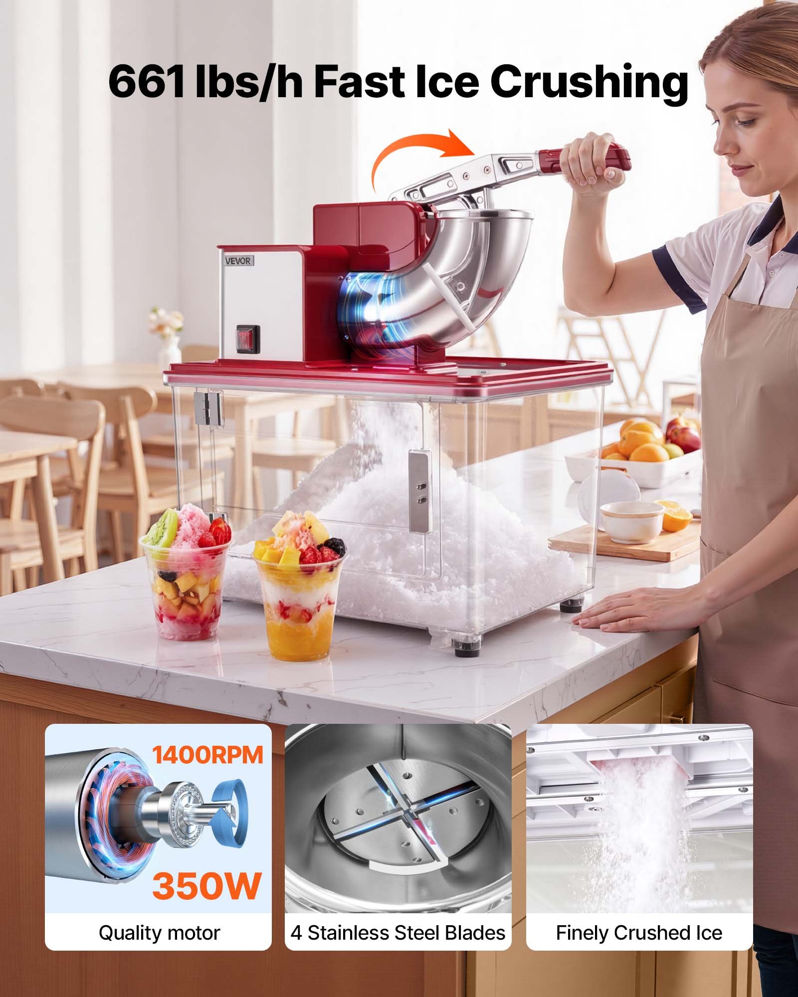 VEVOR Commercial Ice Crusher 661LBS/H, 350W Electric Snow Cone Machine with 4 Blades, 2000RPM Stainless Steel Shaved Ice Machine with 11 Gal Crushed-Ice Box, for Family Restaurants Bars, Red