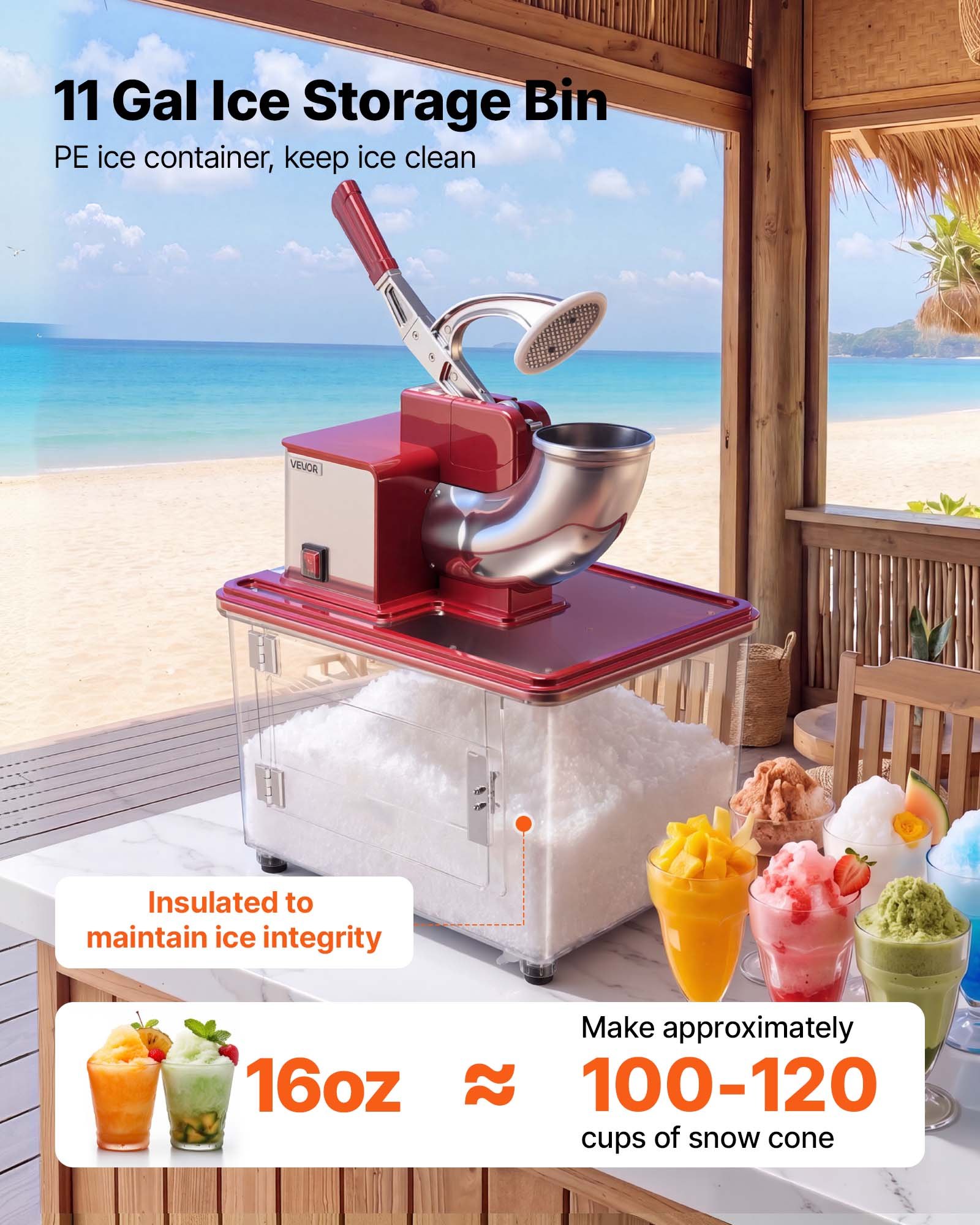 VEVOR Commercial Ice Crusher 661LBS/H, 350W Electric Snow Cone Machine with 4 Blades, 2000RPM Stainless Steel Shaved Ice Machine with 11 Gal Crushed-Ice Box, for Family Restaurants Bars, Red