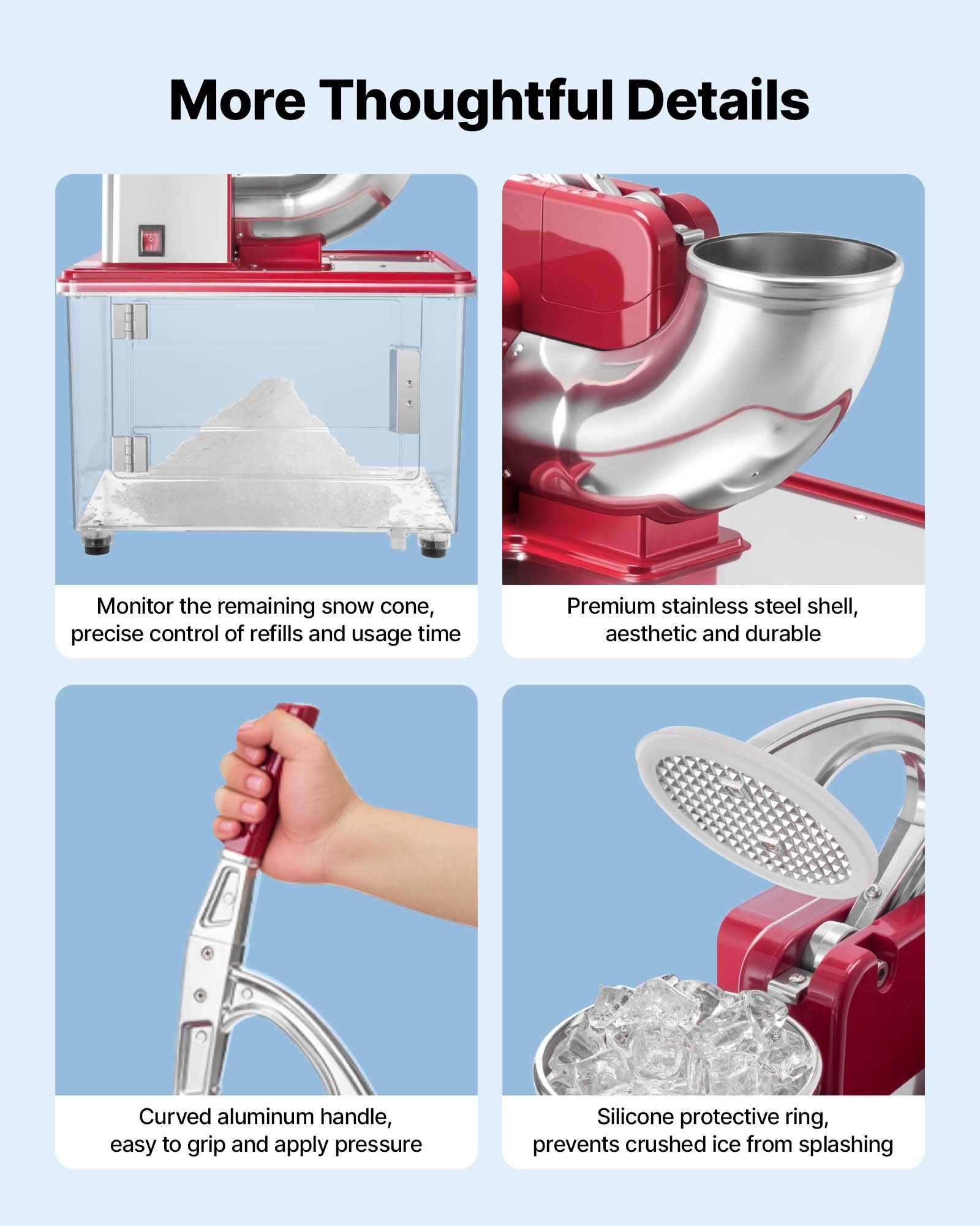 VEVOR Commercial Ice Crusher 661LBS/H, 350W Electric Snow Cone Machine with 4 Blades, 2000RPM Stainless Steel Shaved Ice Machine with 11 Gal Crushed-Ice Box, for Family Restaurants Bars, Red