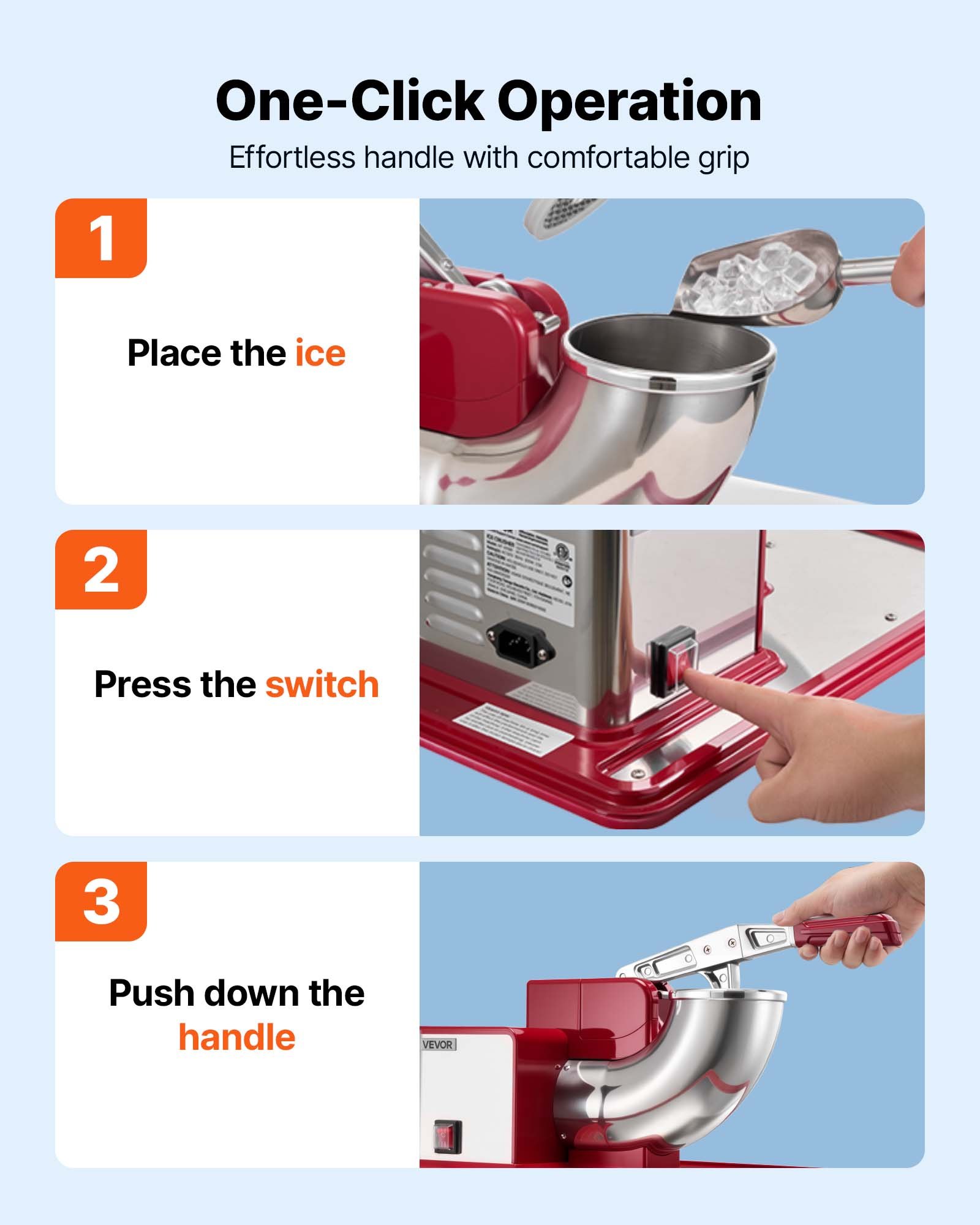 VEVOR Commercial Ice Crusher 661LBS/H, 350W Electric Snow Cone Machine with 4 Blades, 2000RPM Stainless Steel Shaved Ice Machine with 11 Gal Crushed-Ice Box, for Family Restaurants Bars, Red