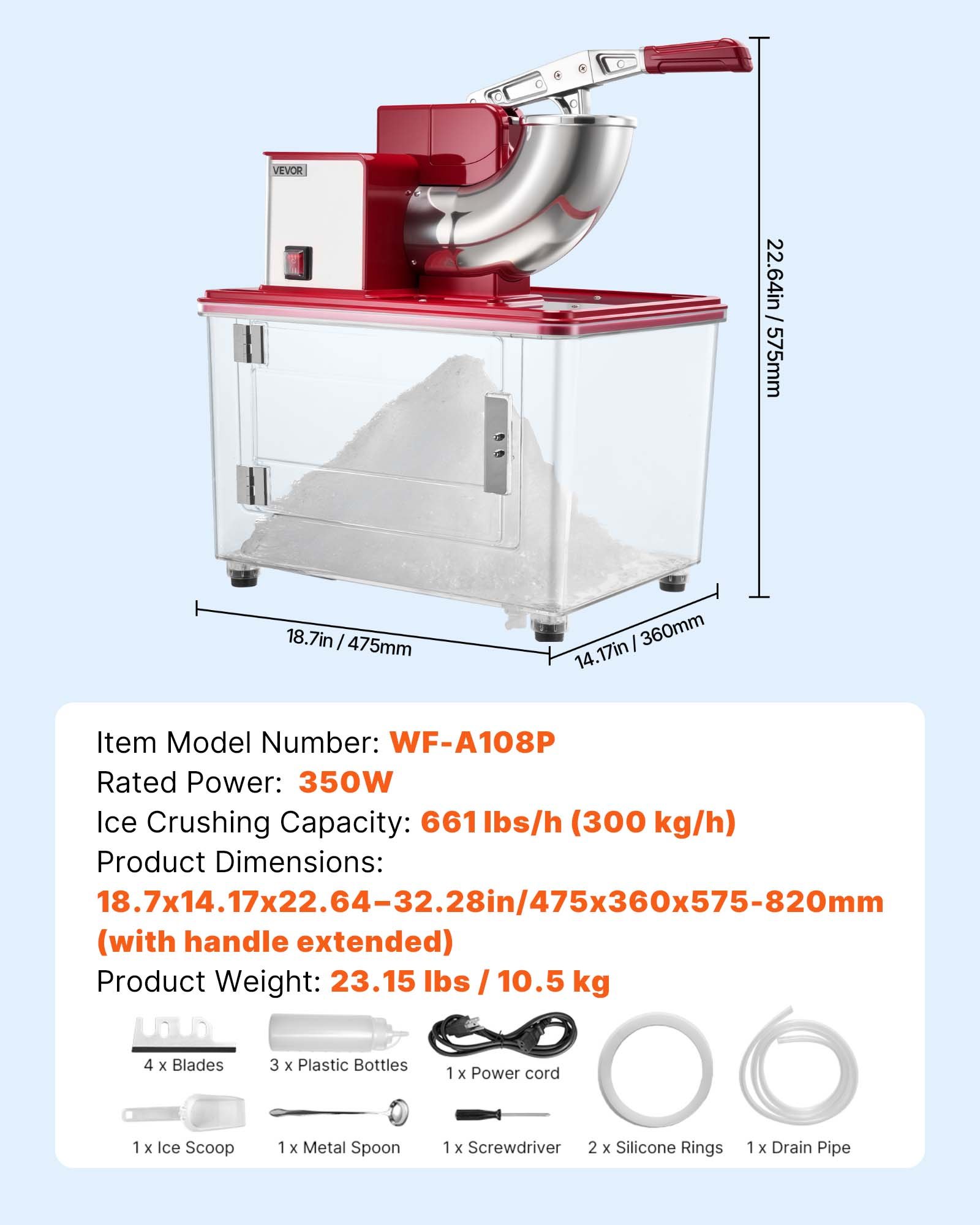 VEVOR Commercial Ice Crusher 661LBS/H, 350W Electric Snow Cone Machine with 4 Blades, 2000RPM Stainless Steel Shaved Ice Machine with 11 Gal Crushed-Ice Box, for Family Restaurants Bars, Red
