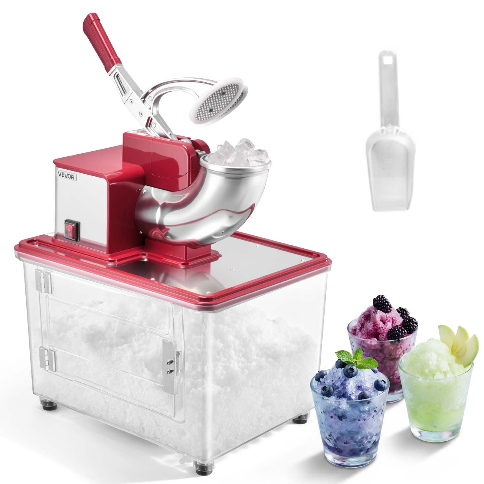 VEVOR Commercial Ice Crusher 661LBS/H, 350W Electric Snow Cone Machine with 4 Blades, 2000RPM Stainless Steel Shaved Ice Machine with 11 Gal Crushed-Ice Box, for Family Restaurants Bars, Red