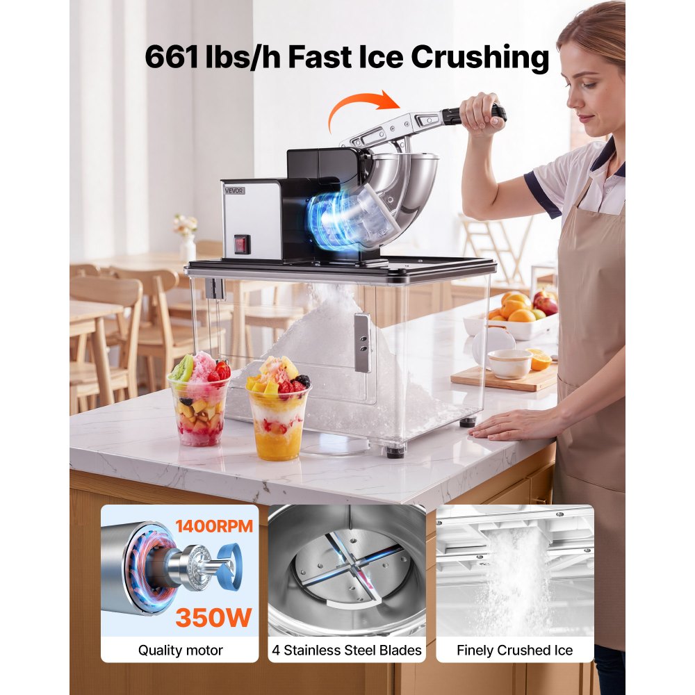 VEVOR Commercial Ice Crusher 661LBS/H, 350W Electric Snow Cone Machine with 4 Blades, 2000RPM Stainless Steel Shaved Ice Machine with 11 Gal Crushed-Ice Box, for Family Restaurants Bars, Black