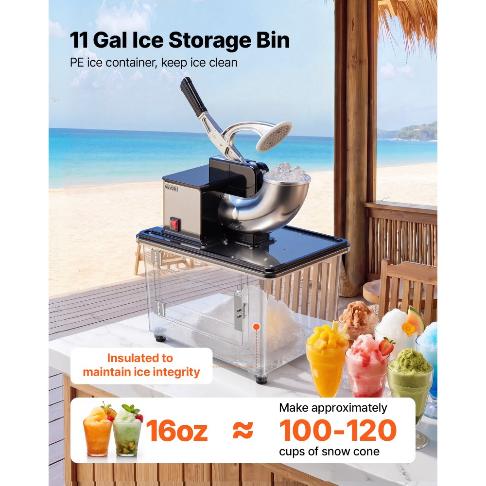 VEVOR Commercial Ice Crusher 661LBS/H, 350W Electric Snow Cone Machine with 4 Blades, 2000RPM Stainless Steel Shaved Ice Machine with 11 Gal Crushed-Ice Box, for Family Restaurants Bars, Black