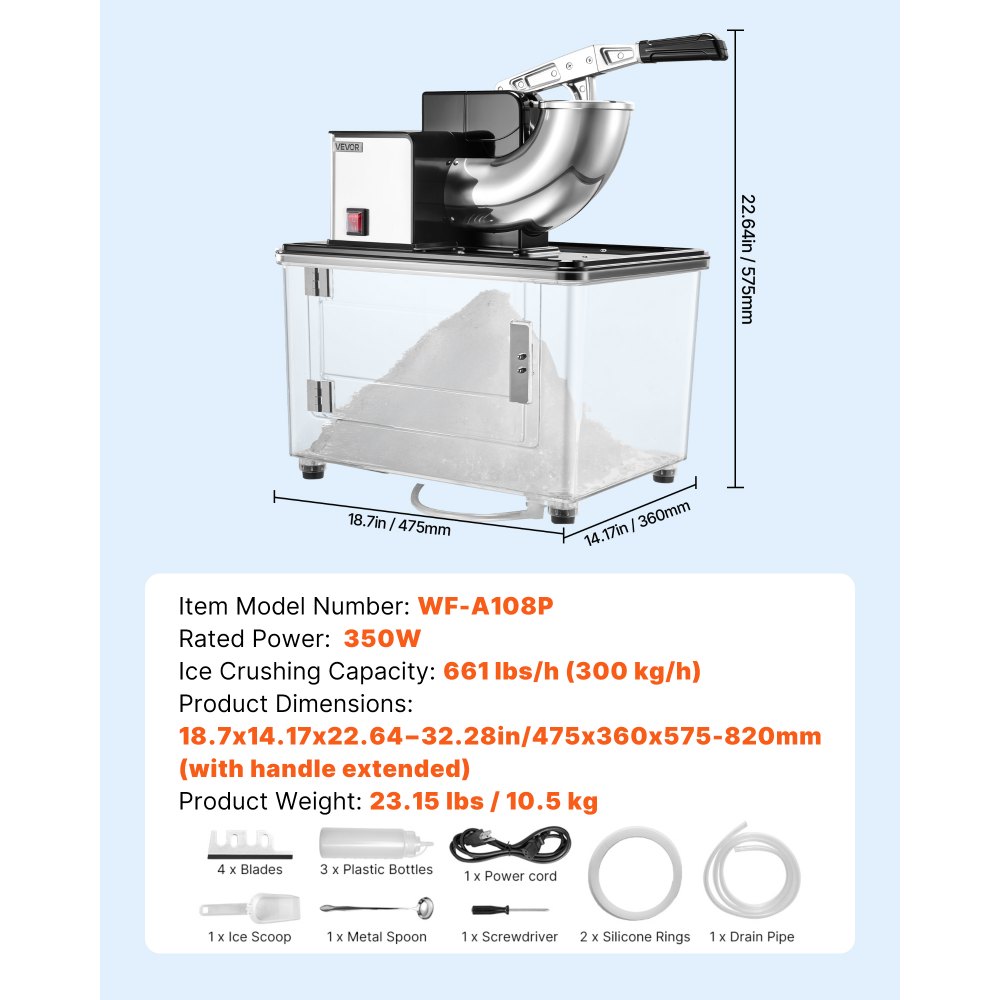 VEVOR Commercial Ice Crusher 661LBS/H, 350W Electric Snow Cone Machine with 4 Blades, 2000RPM Stainless Steel Shaved Ice Machine with 11 Gal Crushed-Ice Box, for Family Restaurants Bars, Black