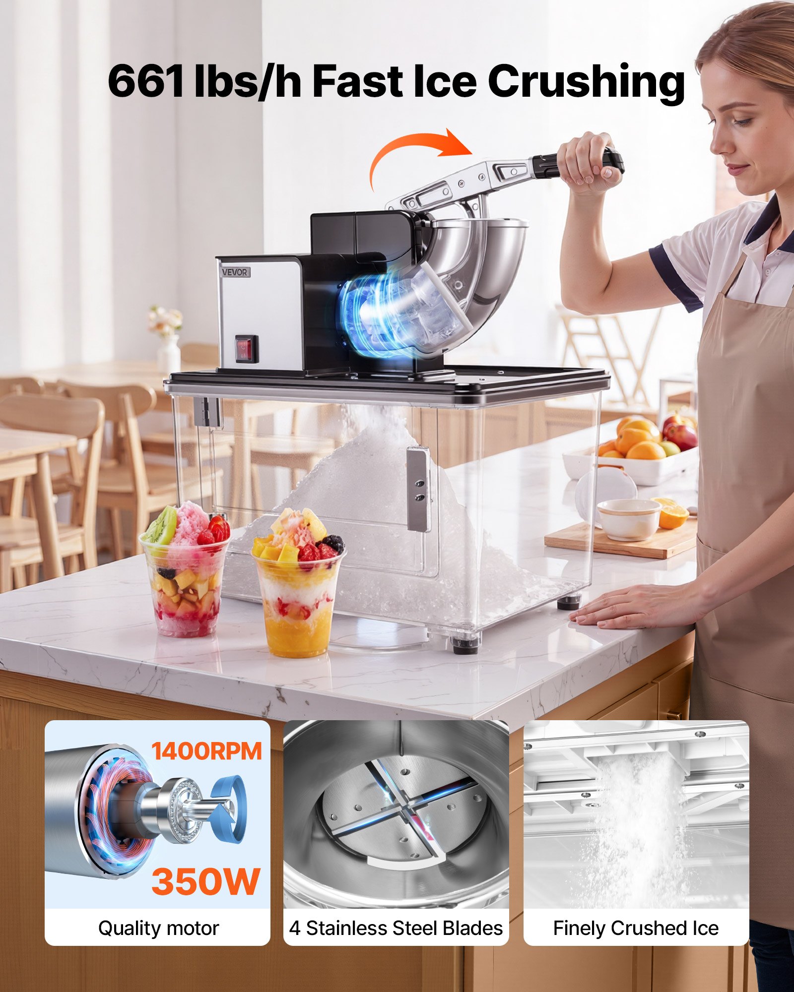 VEVOR Commercial Ice Crusher 661LBS/H, 350W Electric Snow Cone Machine with 4 Blades, 2000RPM Stainless Steel Shaved Ice Machine with 11 Gal Crushed-Ice Box, for Family Restaurants Bars, Black