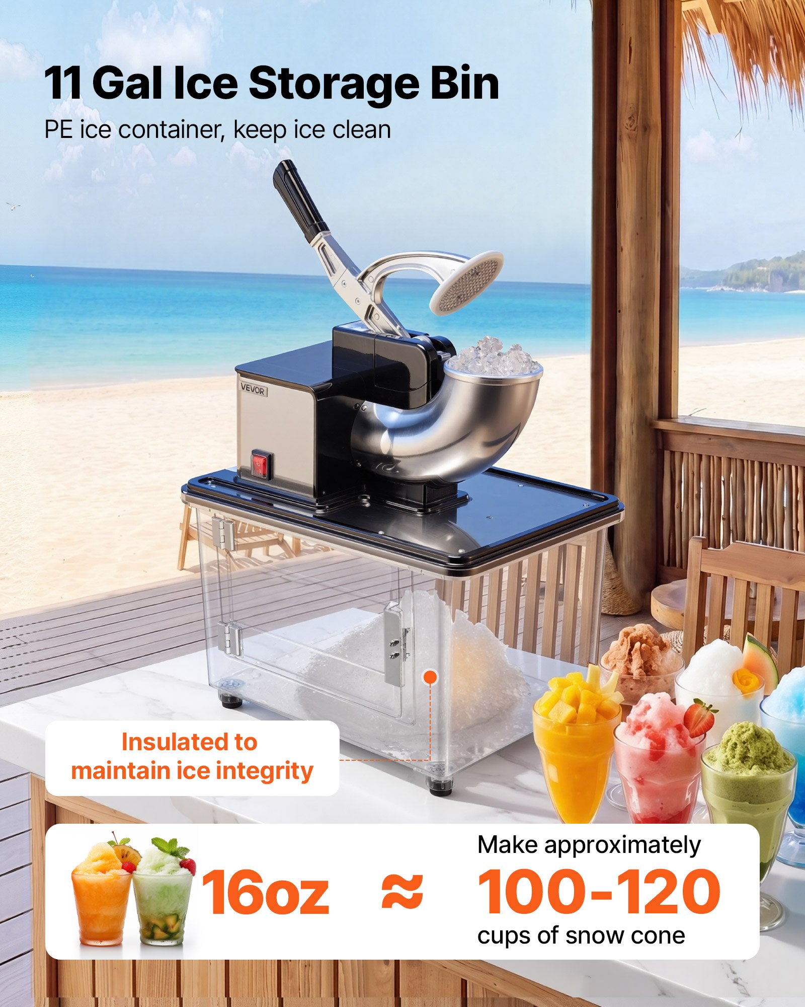 VEVOR Commercial Ice Crusher 661LBS/H, 350W Electric Snow Cone Machine with 4 Blades, 2000RPM Stainless Steel Shaved Ice Machine with 11 Gal Crushed-Ice Box, for Family Restaurants Bars, Black