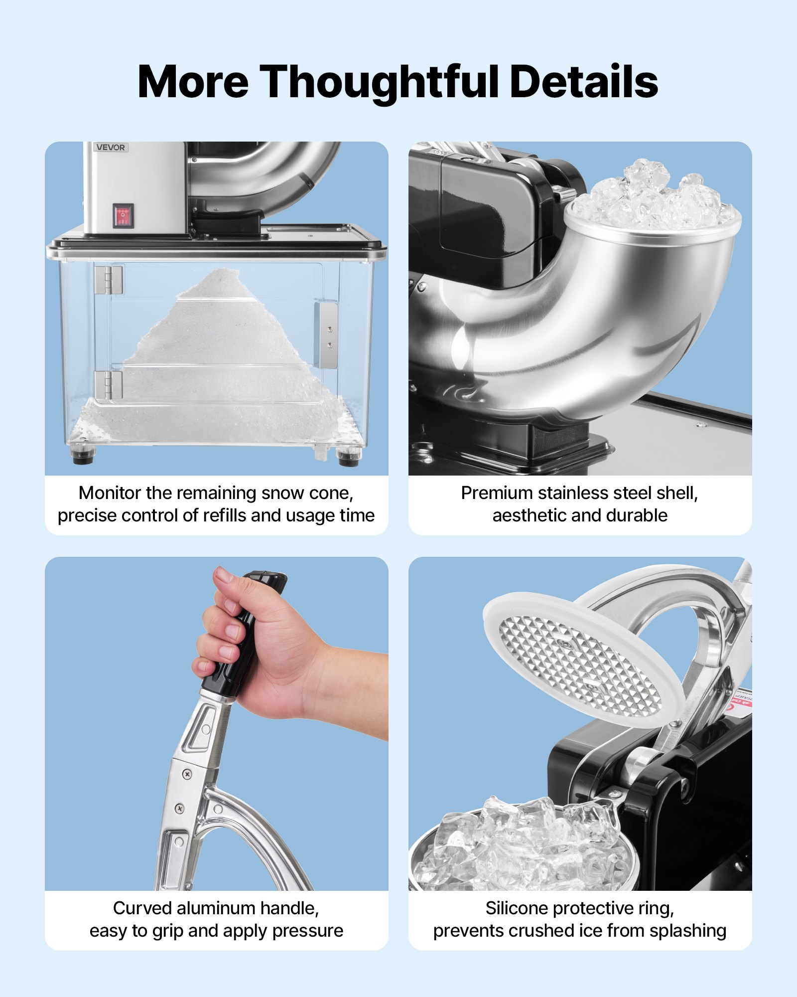 VEVOR Commercial Ice Crusher 661LBS/H, 350W Electric Snow Cone Machine with 4 Blades, 2000RPM Stainless Steel Shaved Ice Machine with 11 Gal Crushed-Ice Box, for Family Restaurants Bars, Black