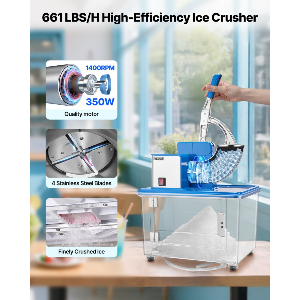 VEVOR Commercial Ice Crusher 661LBS/H, 350W Electric Snow Cone Machine with 4 Blades, 2000RPM Stainless Steel Shaved Ice Machine with 11 Gal Crushed-Ice Box, for Family Restaurants Bars, Blue