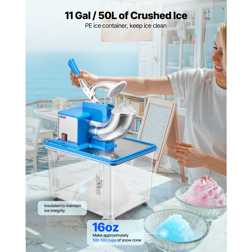 VEVOR Commercial Ice Crusher 661LBS/H, 350W Electric Snow Cone Machine with 4 Blades, 2000RPM Stainless Steel Shaved Ice Machine with 11 Gal Crushed-Ice Box, for Family Restaurants Bars, Blue