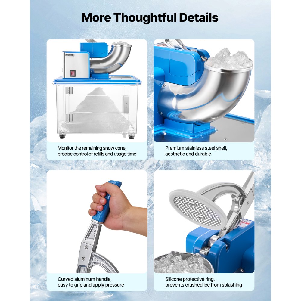 VEVOR Commercial Ice Crusher 661LBS/H, 350W Electric Snow Cone Machine with 4 Blades, 2000RPM Stainless Steel Shaved Ice Machine with 11 Gal Crushed-Ice Box, for Family Restaurants Bars, Blue