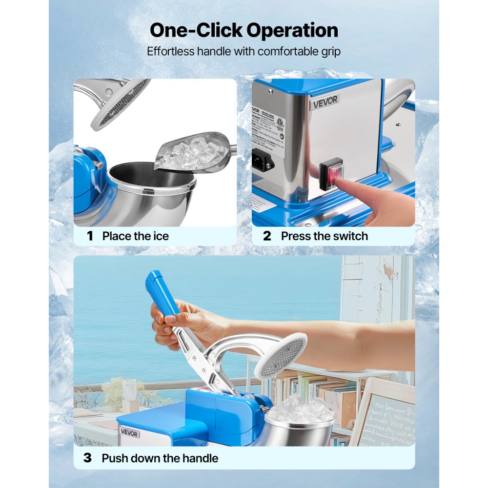 VEVOR Commercial Ice Crusher 661LBS/H, 350W Electric Snow Cone Machine with 4 Blades, 2000RPM Stainless Steel Shaved Ice Machine with 11 Gal Crushed-Ice Box, for Family Restaurants Bars, Blue