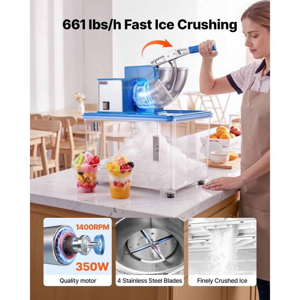 VEVOR Commercial Ice Crusher 661LBS/H, 350W Electric Snow Cone Machine with 4 Blades, 2000RPM Stainless Steel Shaved Ice Machine with 11 Gal Crushed-Ice Box, for Family Restaurants Bars, Blue