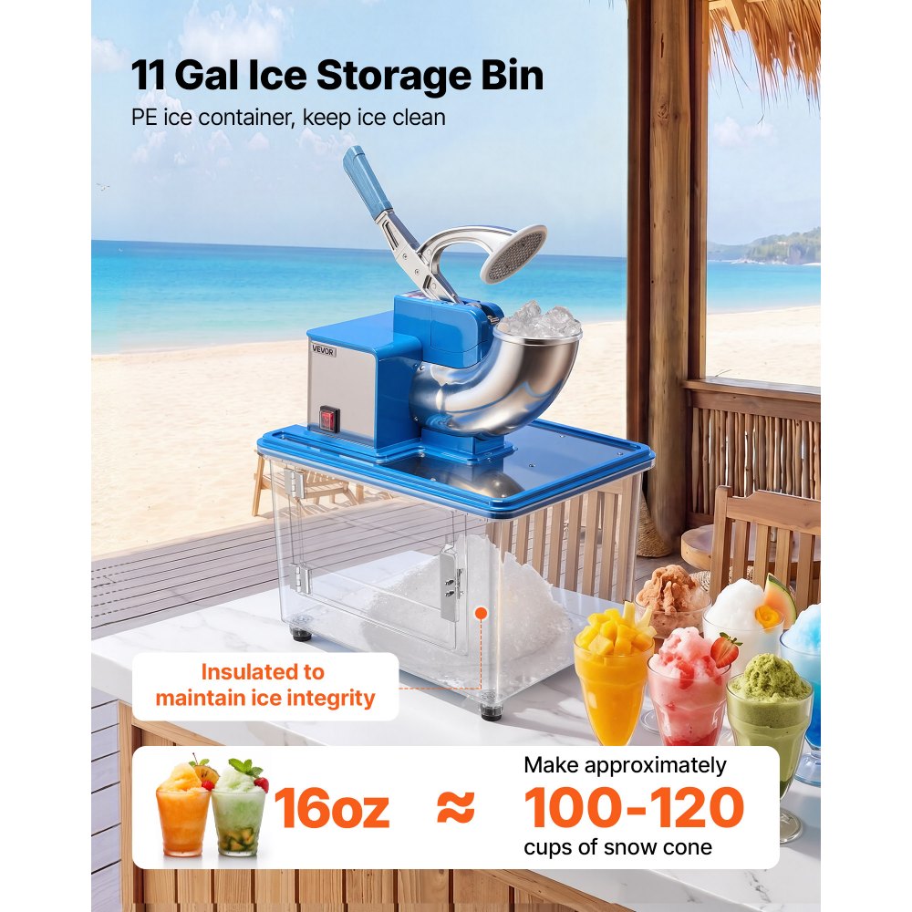 VEVOR Commercial Ice Crusher 661LBS/H, 350W Electric Snow Cone Machine with 4 Blades, 2000RPM Stainless Steel Shaved Ice Machine with 11 Gal Crushed-Ice Box, for Family Restaurants Bars, Blue
