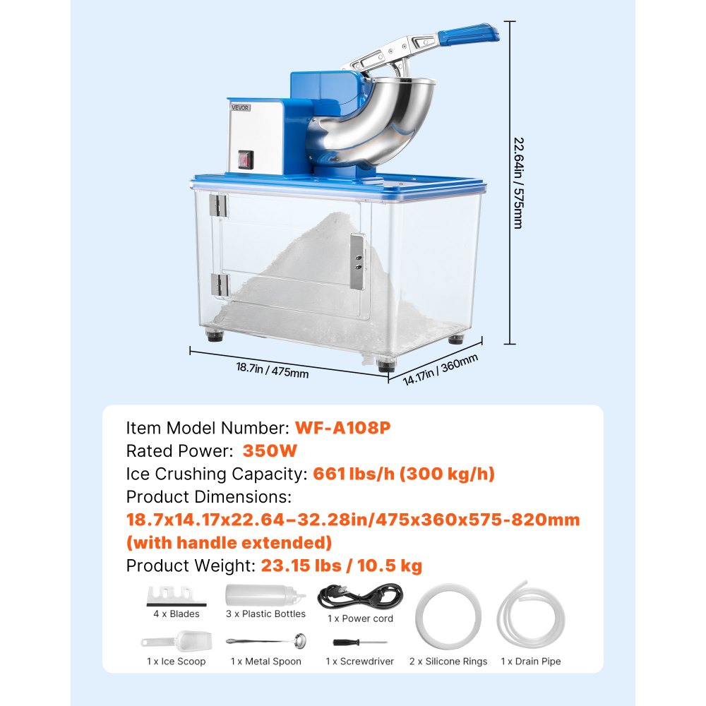 VEVOR Commercial Ice Crusher 661LBS/H, 350W Electric Snow Cone Machine with 4 Blades, 2000RPM Stainless Steel Shaved Ice Machine with 11 Gal Crushed-Ice Box, for Family Restaurants Bars, Blue
