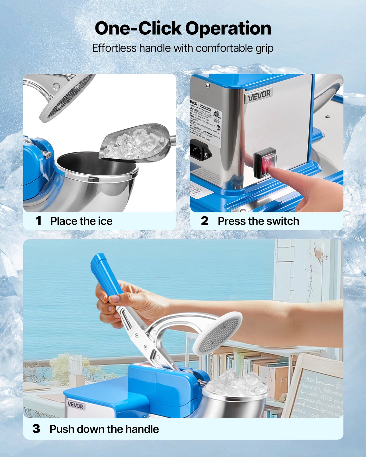 VEVOR Commercial Ice Crusher 661LBS/H, 350W Electric Snow Cone Machine with 4 Blades, 2000RPM Stainless Steel Shaved Ice Machine with 11 Gal Crushed-Ice Box, for Family Restaurants Bars, Blue