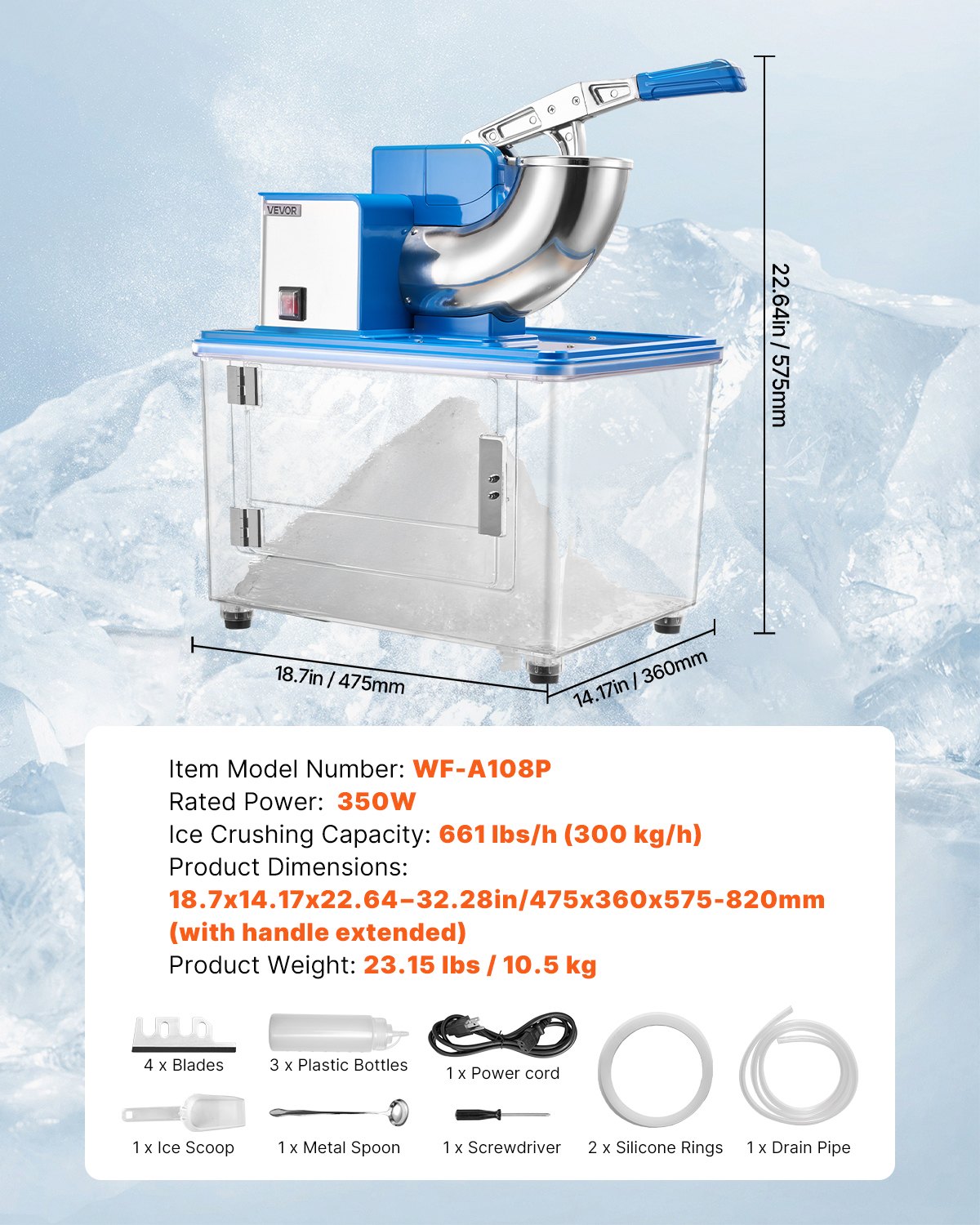 VEVOR Commercial Ice Crusher 661LBS/H, 350W Electric Snow Cone Machine with 4 Blades, 2000RPM Stainless Steel Shaved Ice Machine with 11 Gal Crushed-Ice Box, for Family Restaurants Bars, Blue