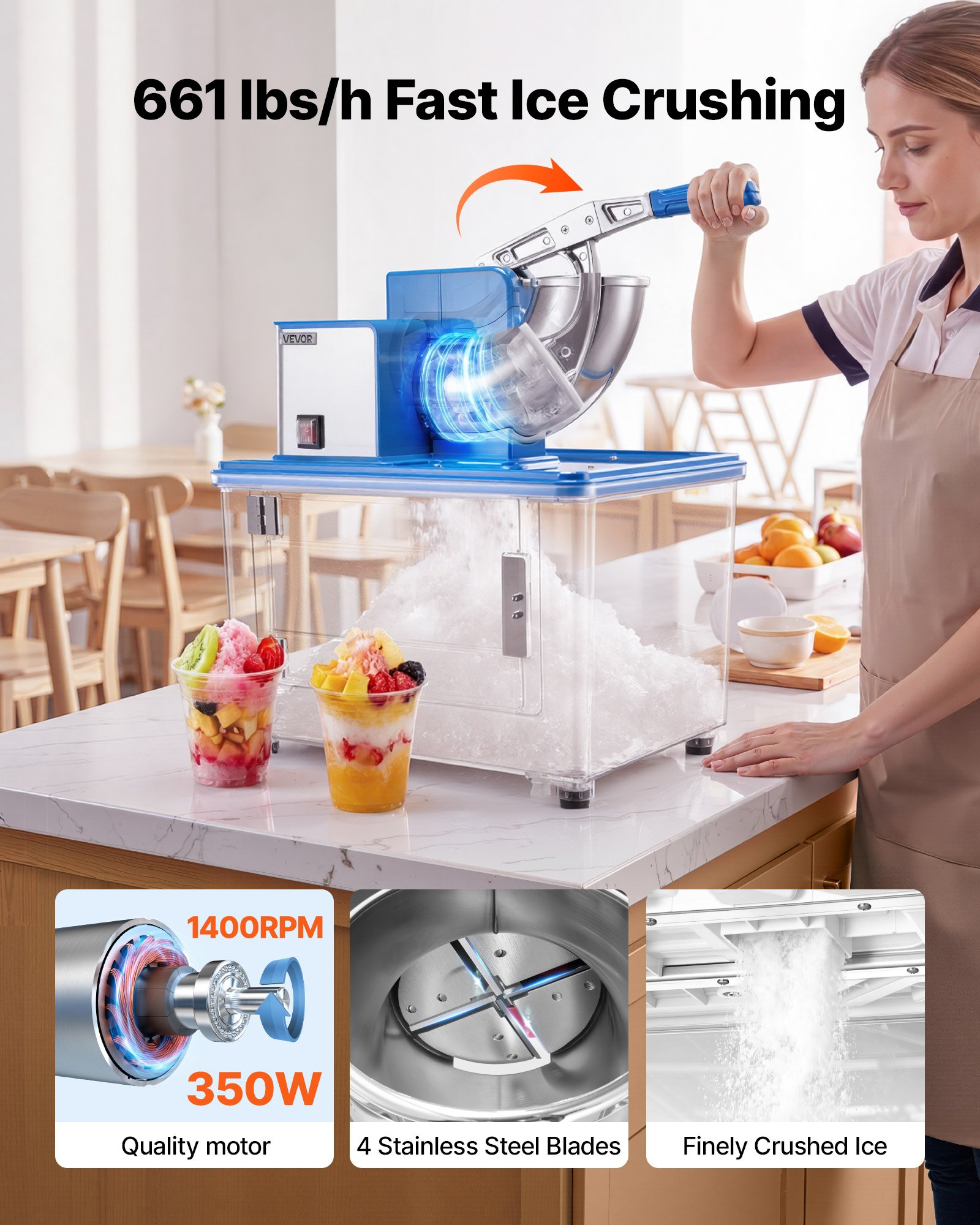 VEVOR Commercial Ice Crusher 661LBS/H, 350W Electric Snow Cone Machine with 4 Blades, 2000RPM Stainless Steel Shaved Ice Machine with 11 Gal Crushed-Ice Box, for Family Restaurants Bars, Blue