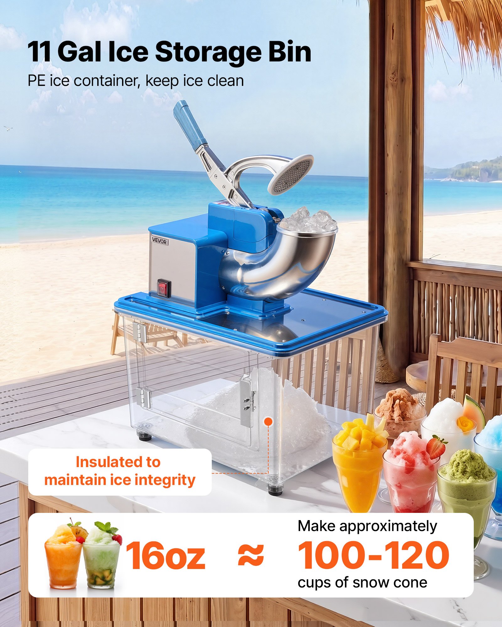 VEVOR Commercial Ice Crusher 661LBS/H, 350W Electric Snow Cone Machine with 4 Blades, 2000RPM Stainless Steel Shaved Ice Machine with 11 Gal Crushed-Ice Box, for Family Restaurants Bars, Blue