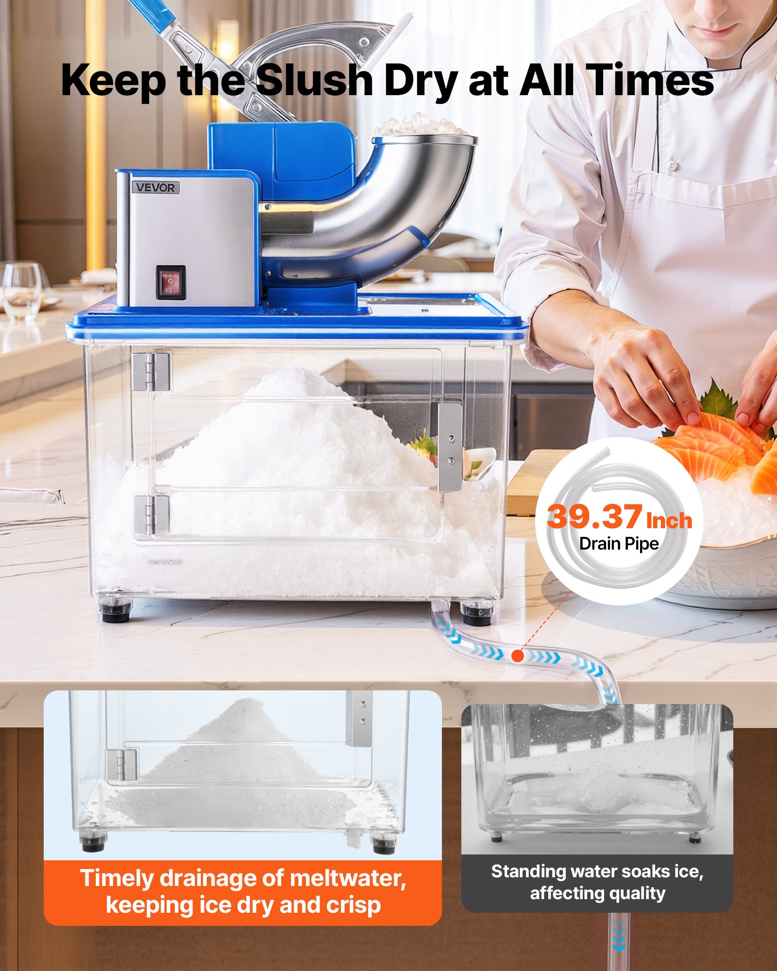 VEVOR Commercial Ice Crusher 661LBS/H, 350W Electric Snow Cone Machine with 4 Blades, 2000RPM Stainless Steel Shaved Ice Machine with 11 Gal Crushed-Ice Box, for Family Restaurants Bars, Blue