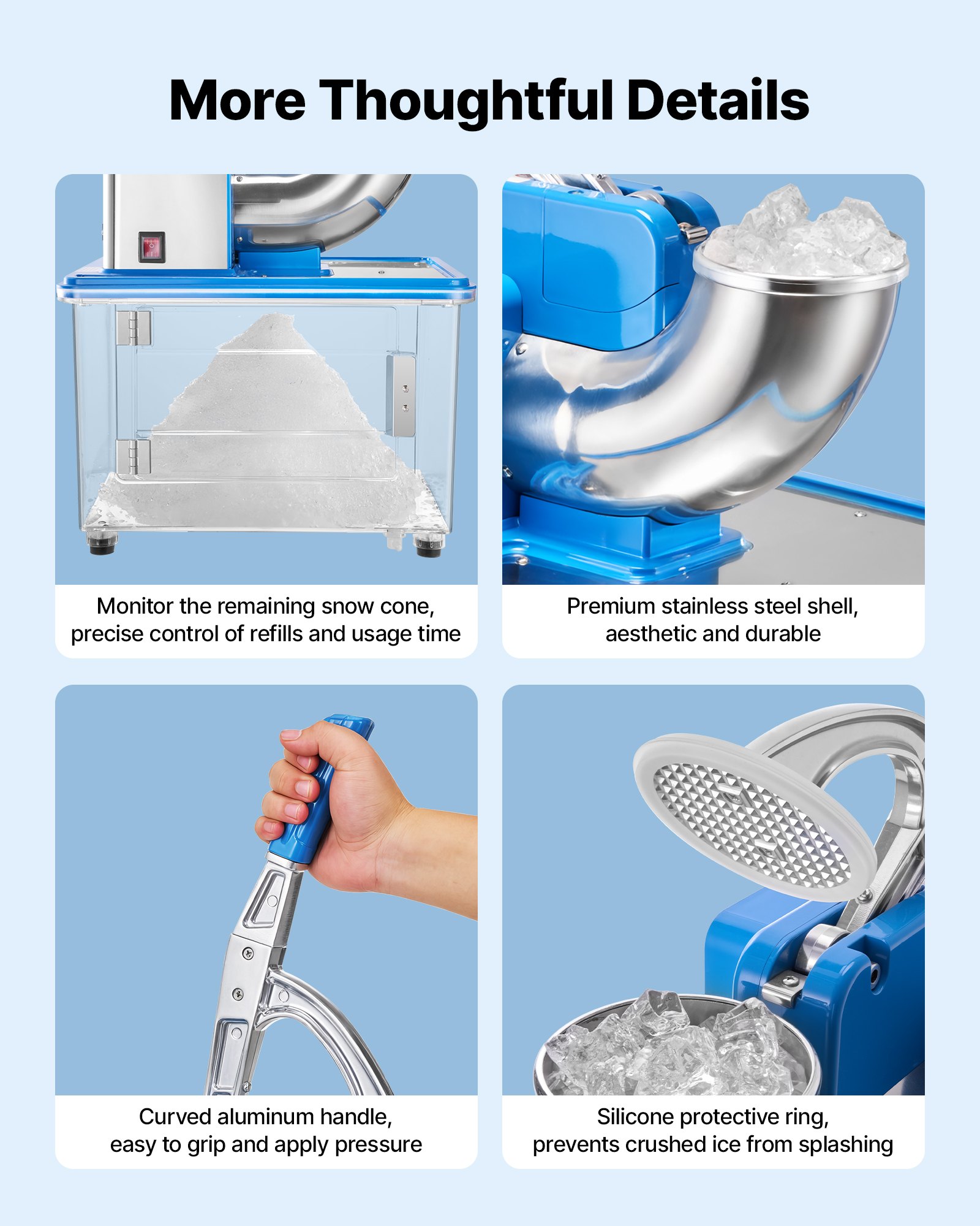 VEVOR Commercial Ice Crusher 661LBS/H, 350W Electric Snow Cone Machine with 4 Blades, 2000RPM Stainless Steel Shaved Ice Machine with 11 Gal Crushed-Ice Box, for Family Restaurants Bars, Blue