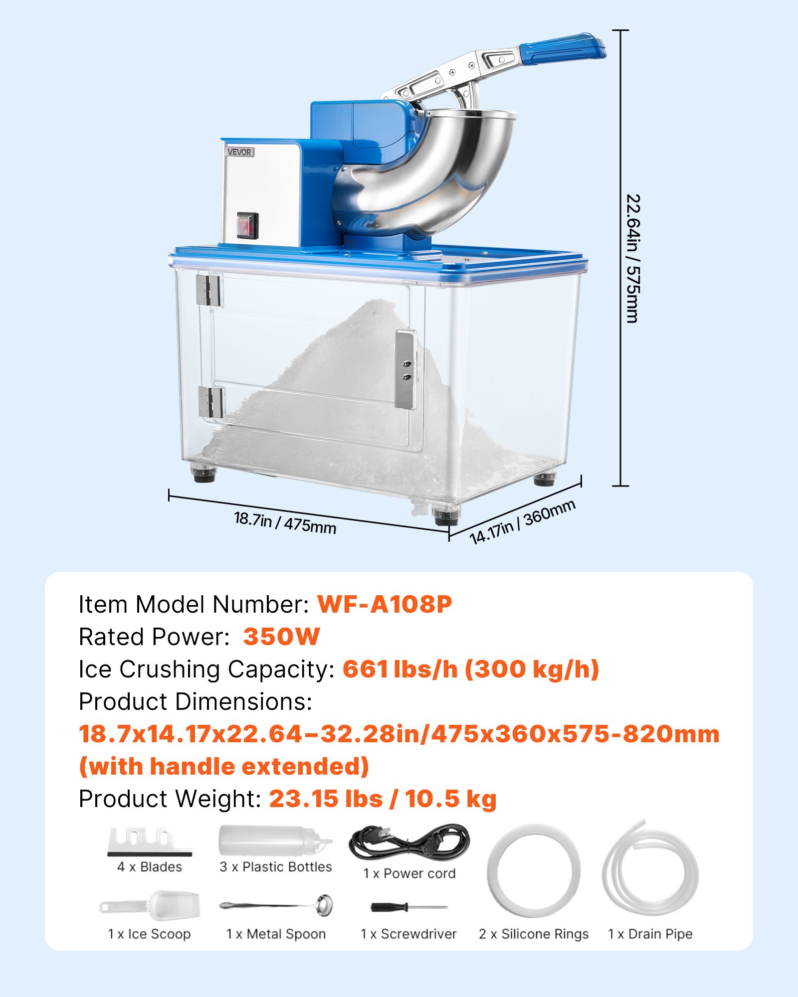 VEVOR Commercial Ice Crusher 661LBS/H, 350W Electric Snow Cone Machine with 4 Blades, 2000RPM Stainless Steel Shaved Ice Machine with 11 Gal Crushed-Ice Box, for Family Restaurants Bars, Blue
