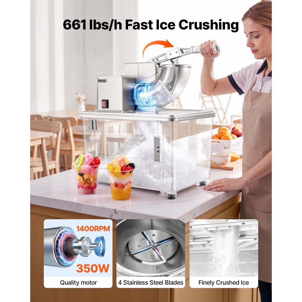 VEVOR Commercial Ice Crusher 661LBS/H, 350W Electric Snow Cone Machine with 4 Blades, 2000RPM Stainless Steel Shaved Ice Machine with 11 Gal Crushed-Ice Box, for Family Restaurants Bars, Silver