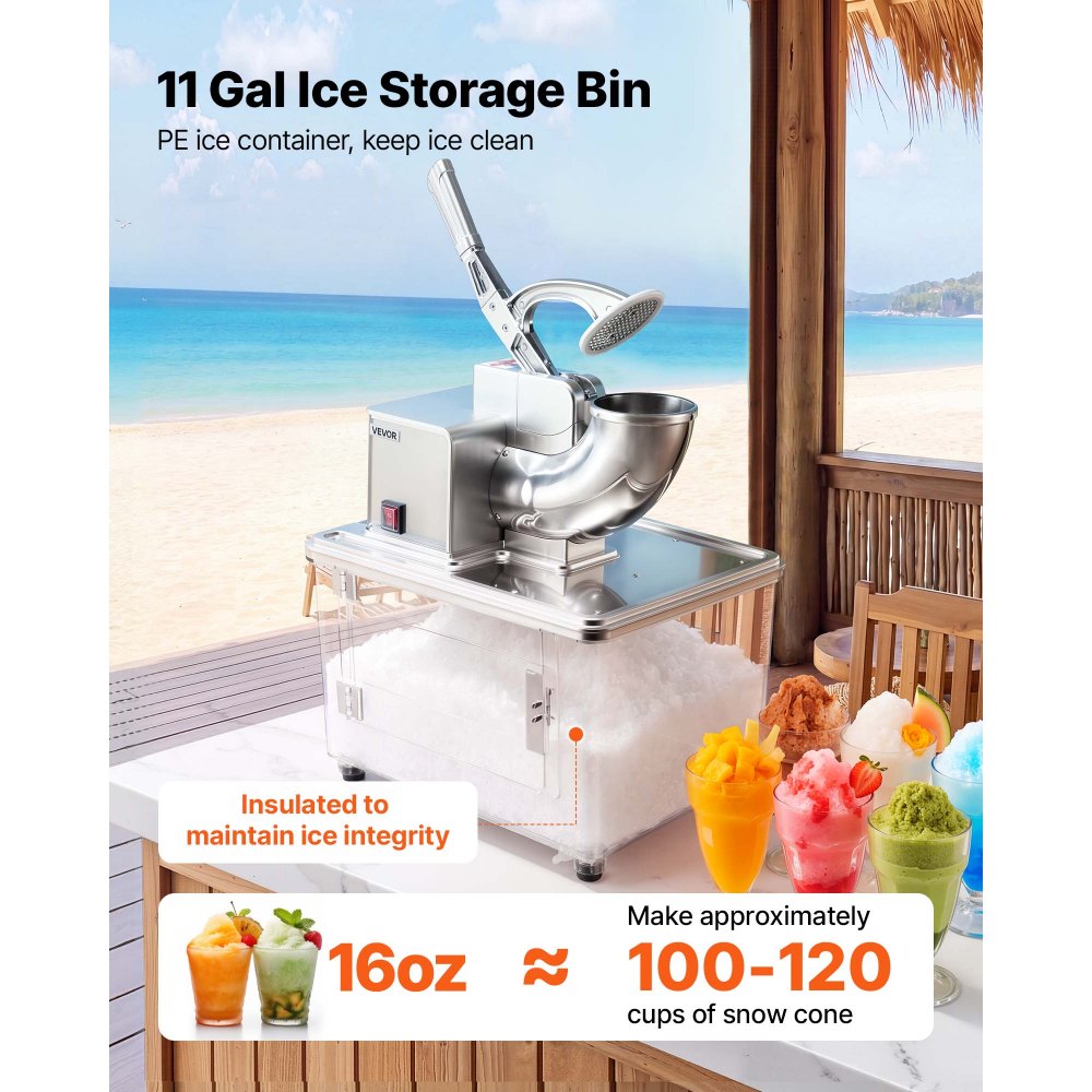 VEVOR Commercial Ice Crusher 661LBS/H, 350W Electric Snow Cone Machine with 4 Blades, 2000RPM Stainless Steel Shaved Ice Machine with 11 Gal Crushed-Ice Box, for Family Restaurants Bars, Silver